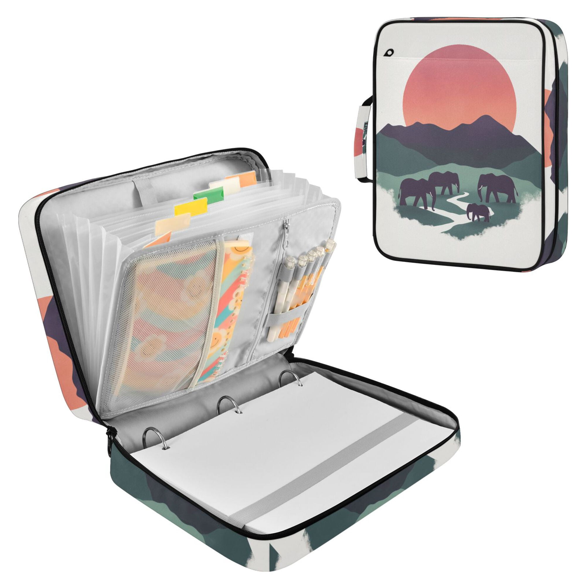 FORMRS Accordion File Folder A4 Size 7-Pocket Expanding Document Organizer Bag with 3 Ring Binder, Abstract Elephant