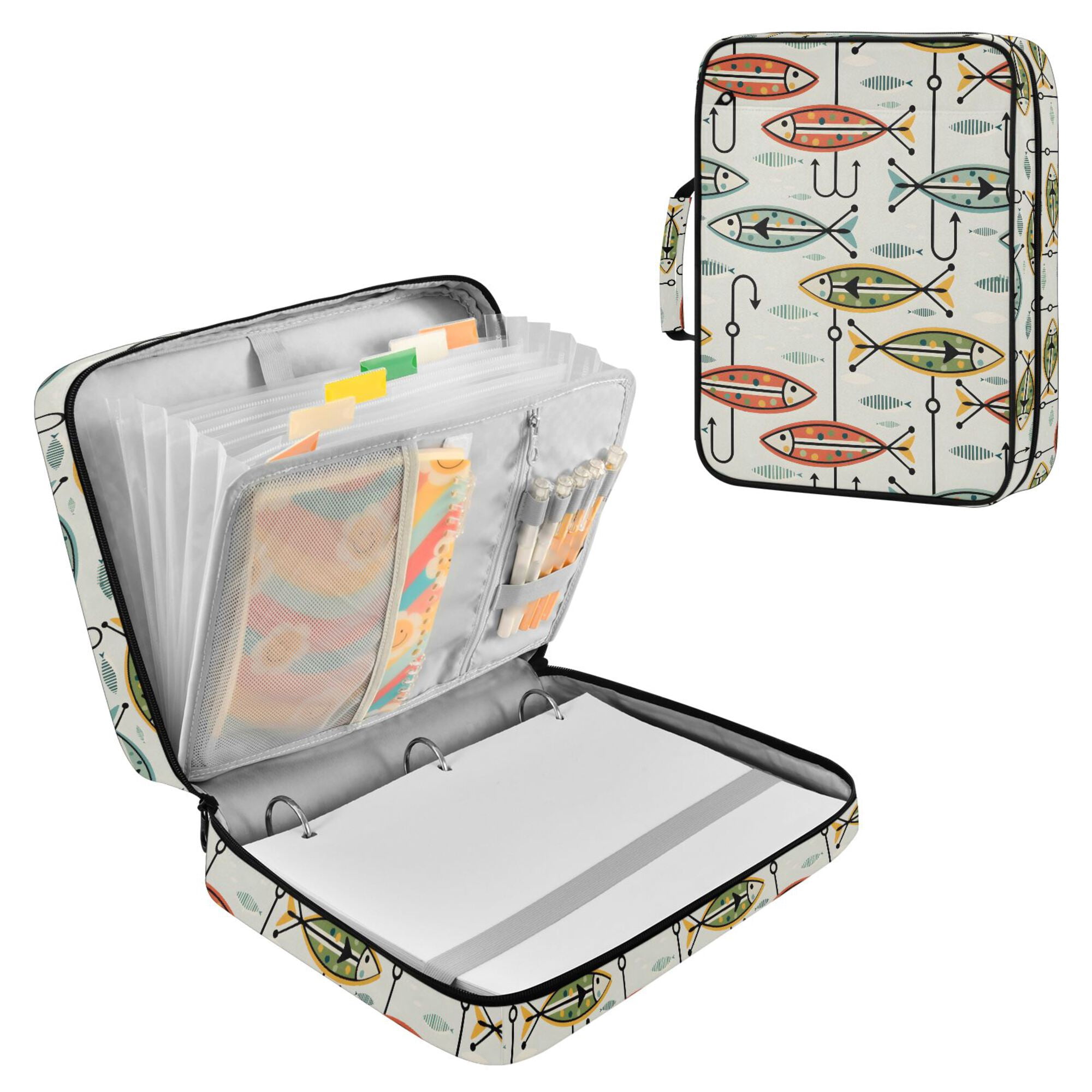FORMRS Accordion File Folder A4 Size 7-Pocket Expanding Document Organizer Bag with 3 Ring Binder, Abstract Fish Pattern