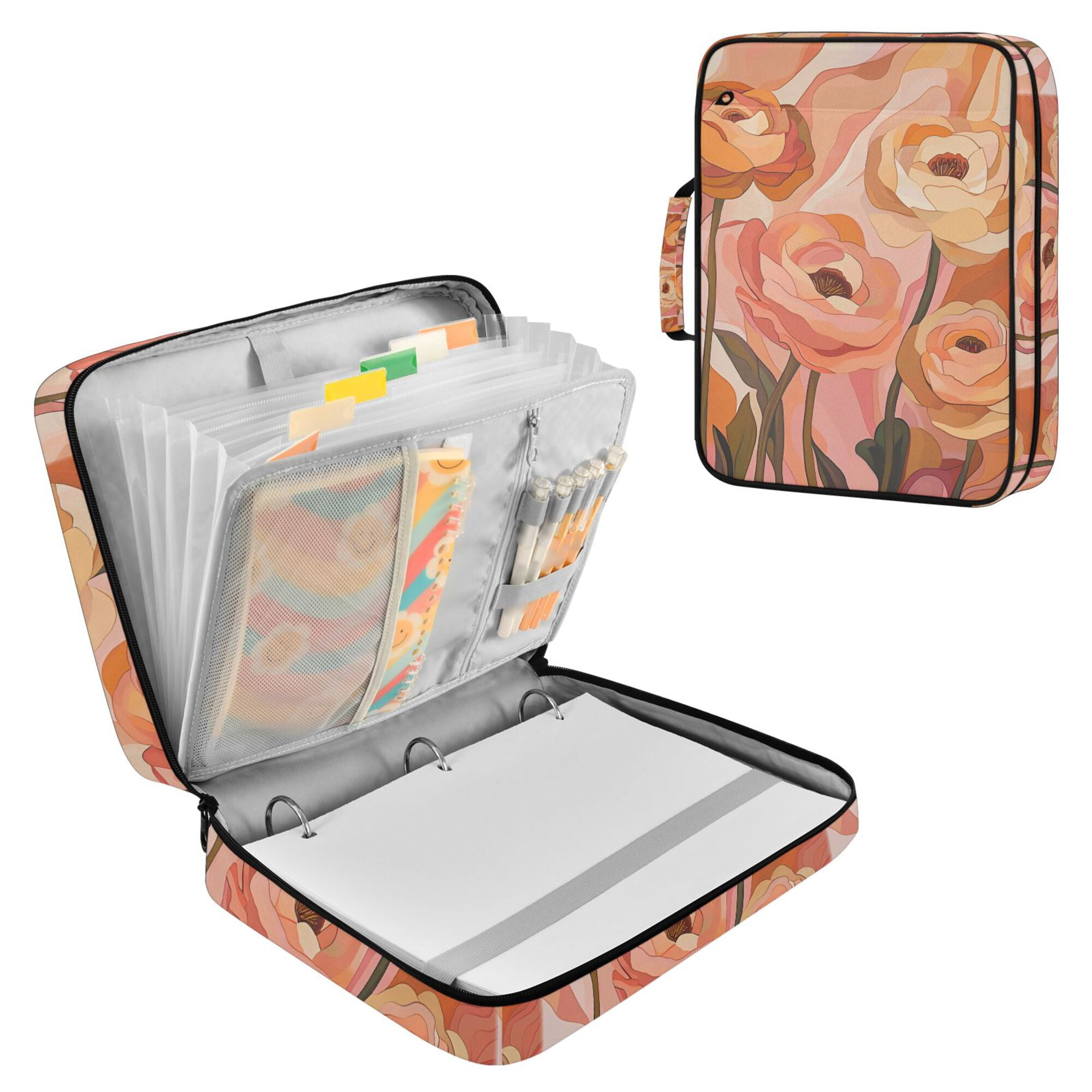 FORMRS Accordion File Folder A4 Size 7-Pocket Expanding Document Organizer Bag with 3 Ring Binder, Abstract Orange Flowers