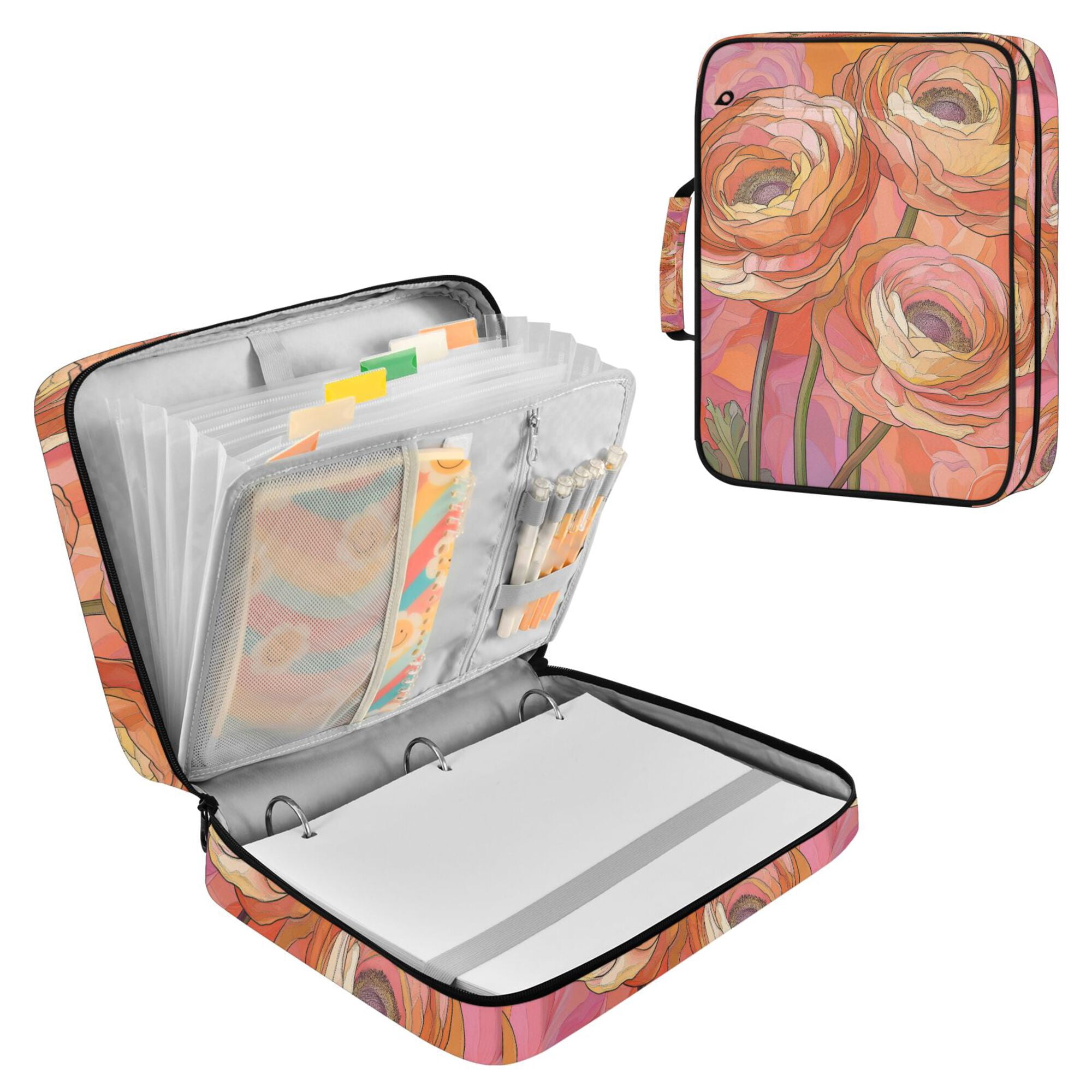 FORMRS Accordion File Folder A4 Size 7-Pocket Expanding Document Organizer Bag with 3 Ring Binder, Abstract Pink Flowers