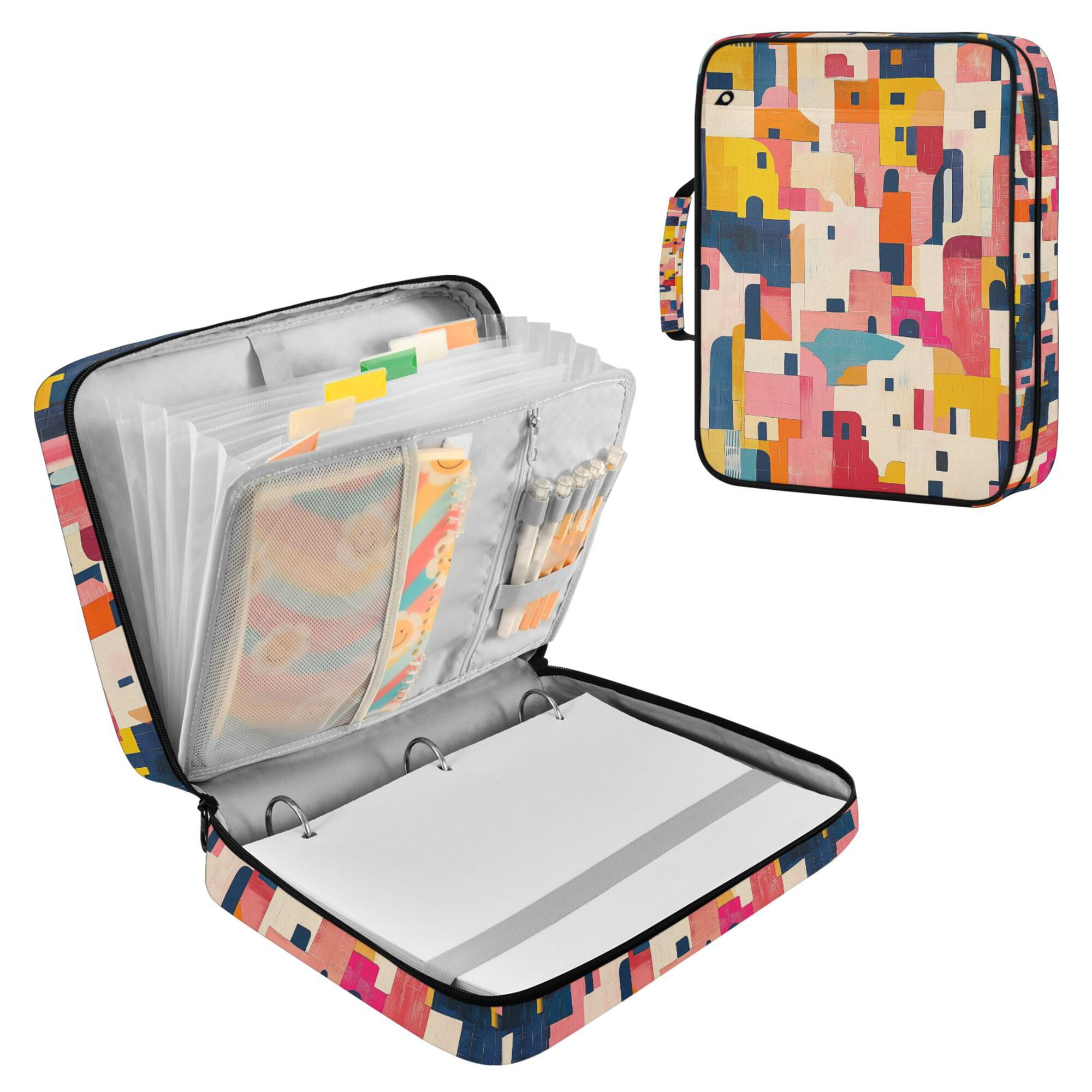 FORMRS Accordion File Folder A4 Size 7-Pocket Expanding Document Organizer Bag with 3 Ring Binder, Art Geometric