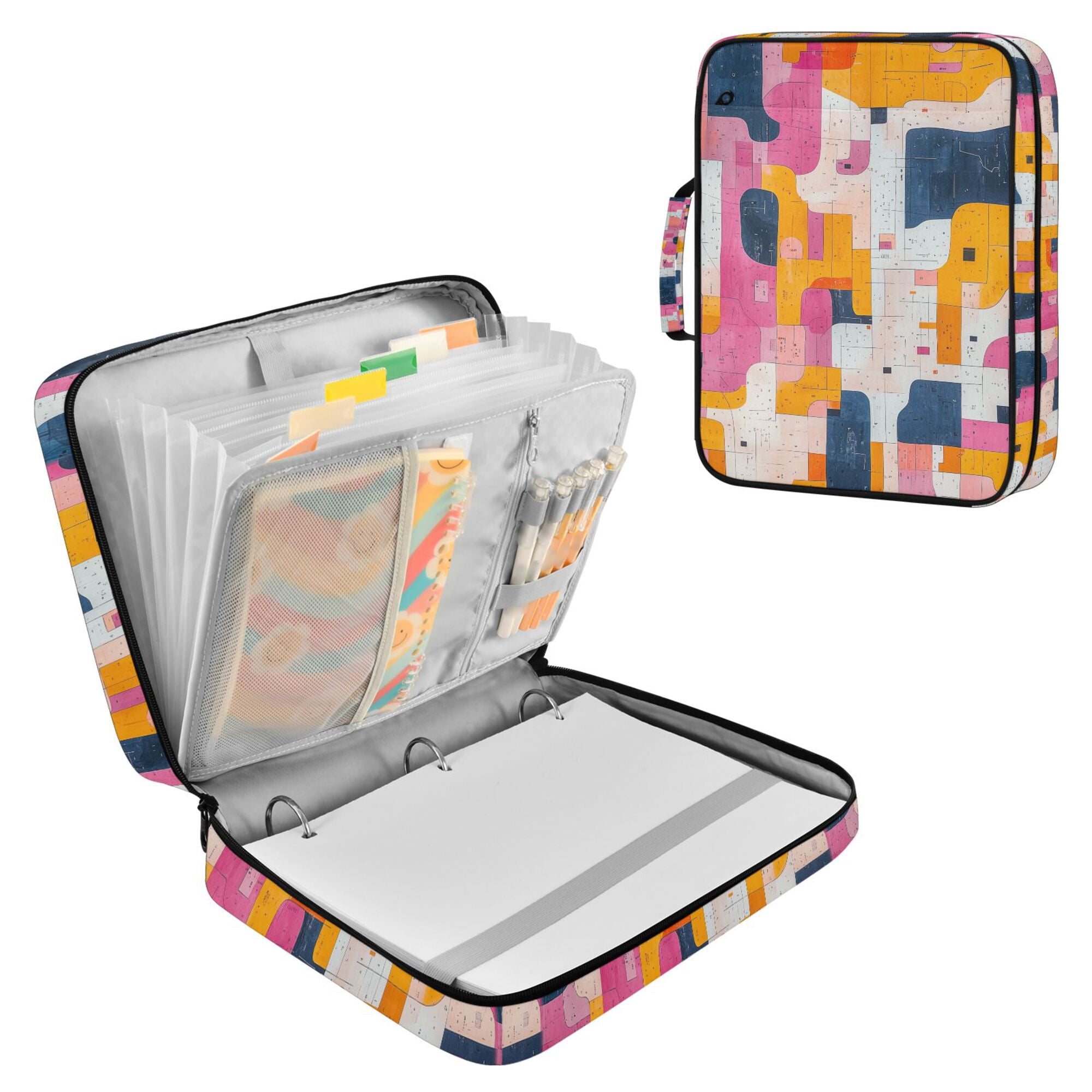 FORMRS Accordion File Folder A4 Size 7-Pocket Expanding Document Organizer Bag with 3 Ring Binder, Art Geometric