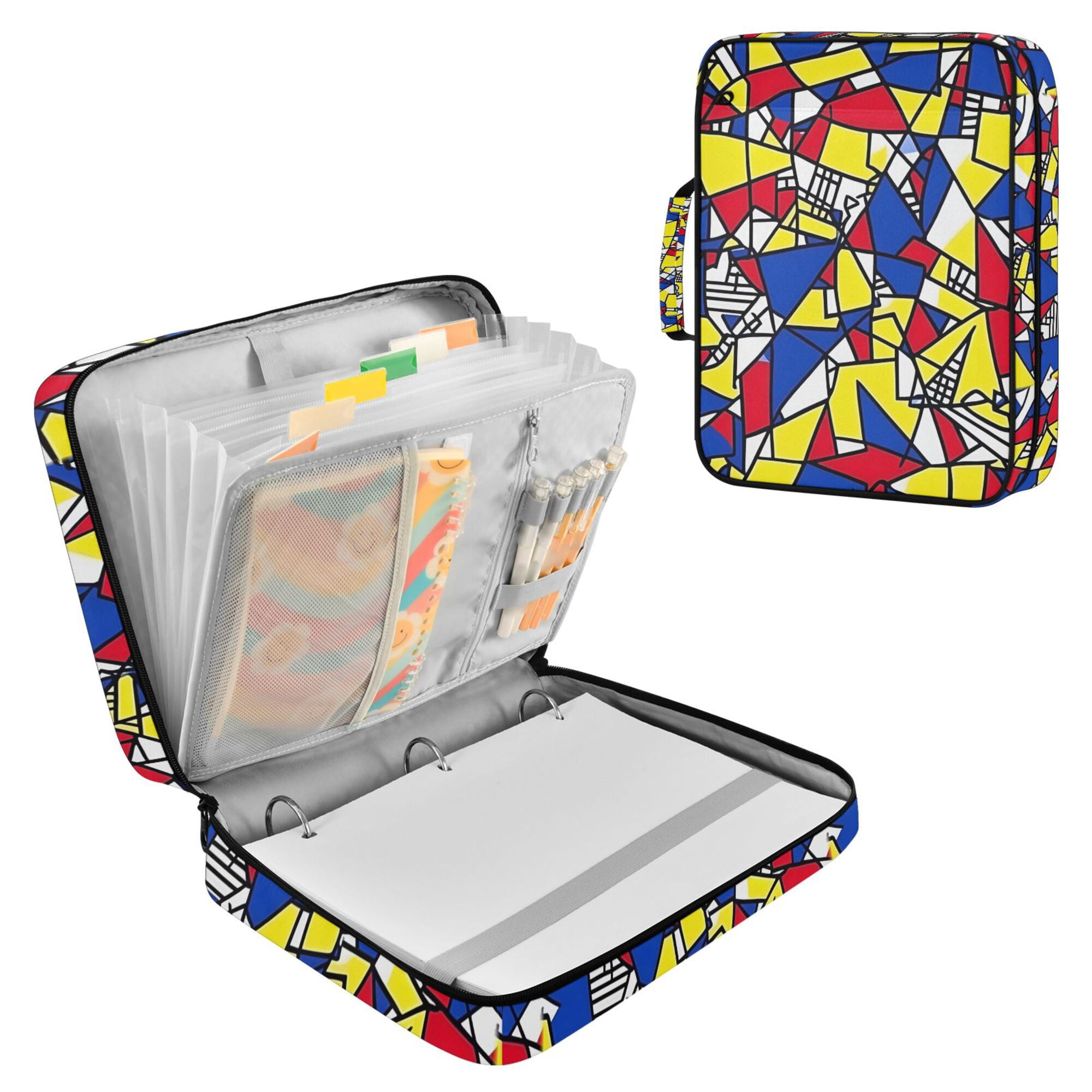 FORMRS Accordion File Folder A4 Size 7-Pocket Expanding Document Organizer Bag with 3 Ring Binder, Art Triangles