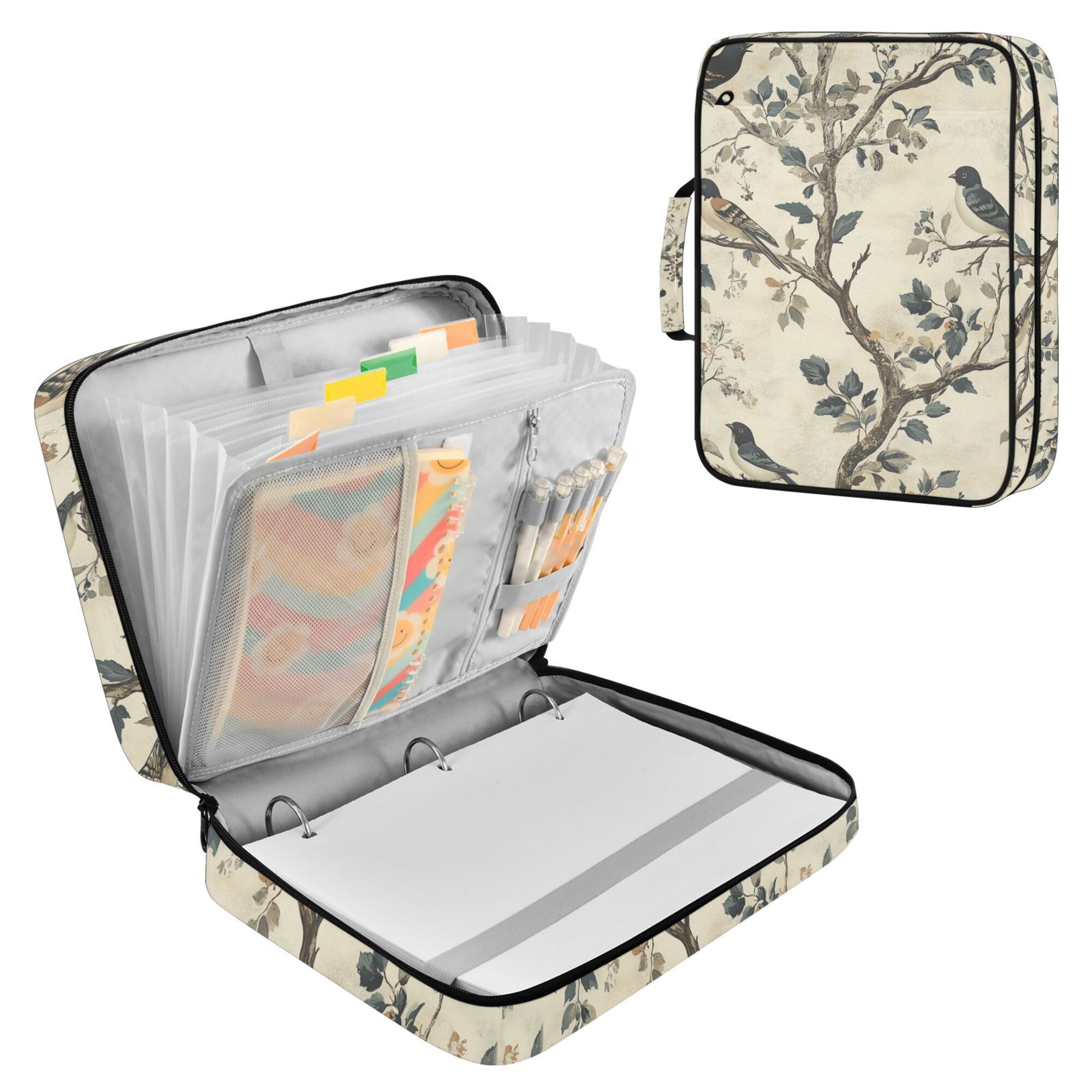 FORMRS Accordion File Folder A4 Size 7-Pocket Expanding Document Organizer Bag with 3 Ring Binder, Beige Birds