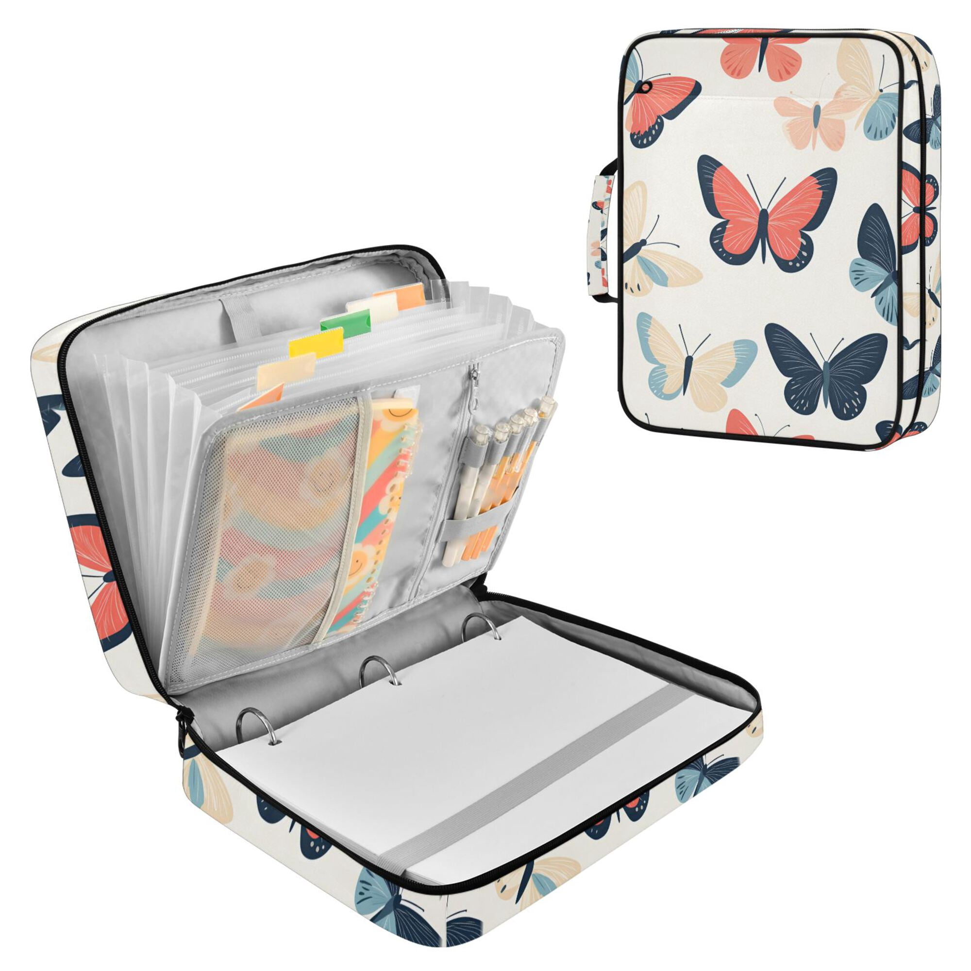 FORMRS Accordion File Folder A4 Size 7-Pocket Expanding Document Organizer Bag with 3 Ring Binder, Beige Butterflies