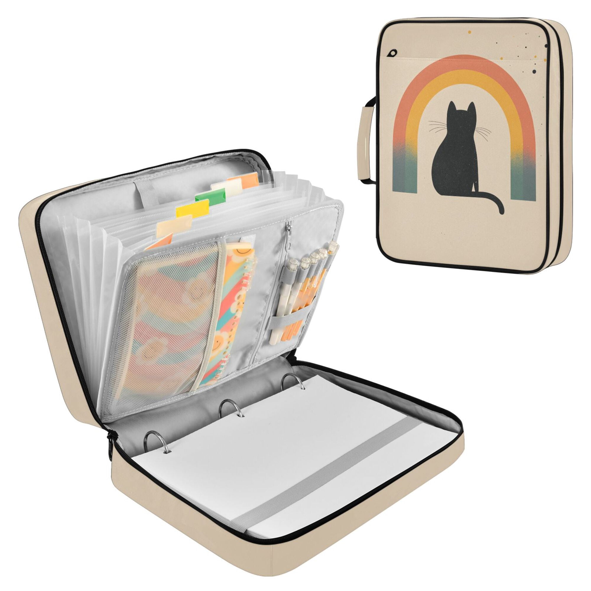 FORMRS Accordion File Folder A4 Size 7-Pocket Expanding Document Organizer Bag with 3 Ring Binder, Beige Cat Rainbow