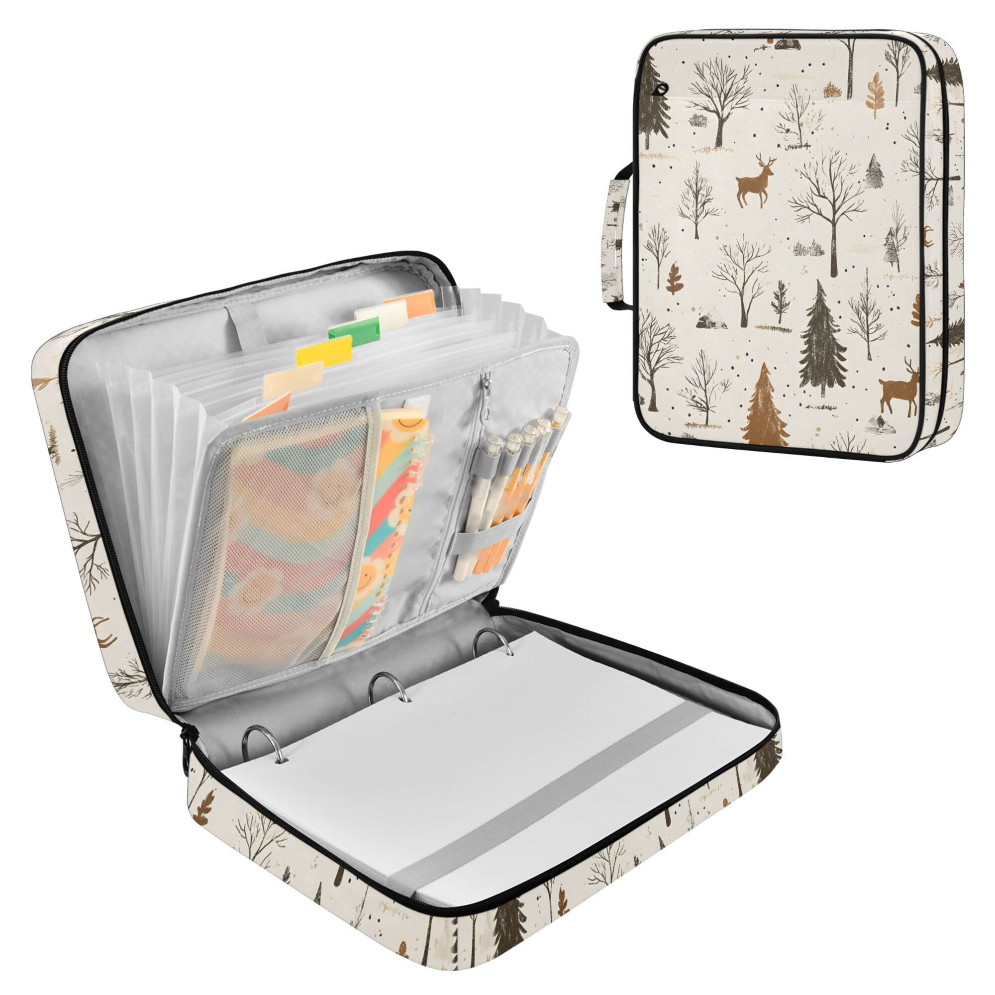 FORMRS Accordion File Folder A4 Size 7-Pocket Expanding Document Organizer Bag with 3 Ring Binder, Beige Christmas Forest