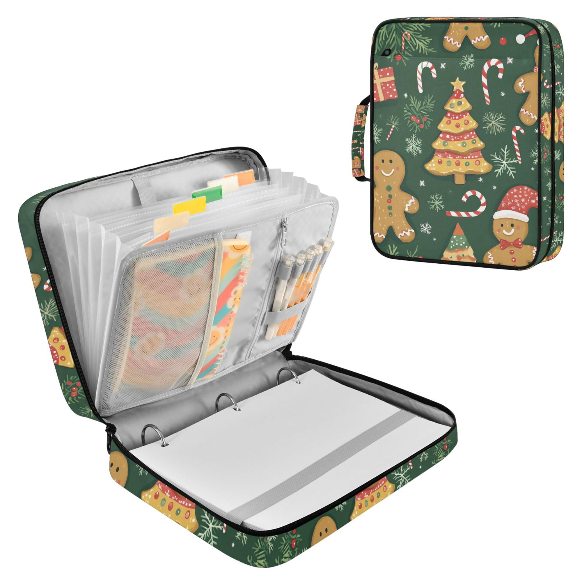 FORMRS Accordion File Folder A4 Size 7-Pocket Expanding Document Organizer Bag with 3 Ring Binder, Beige Christmas Gingerbread