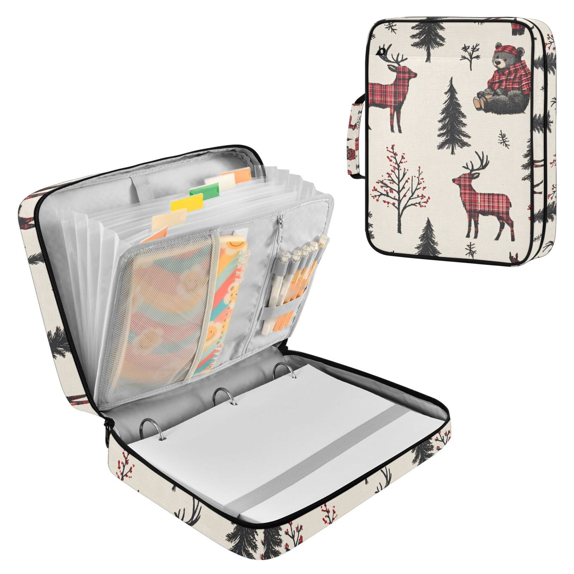 FORMRS Accordion File Folder A4 Size 7-Pocket Expanding Document Organizer Bag with 3 Ring Binder, Beige Christmas Plaid