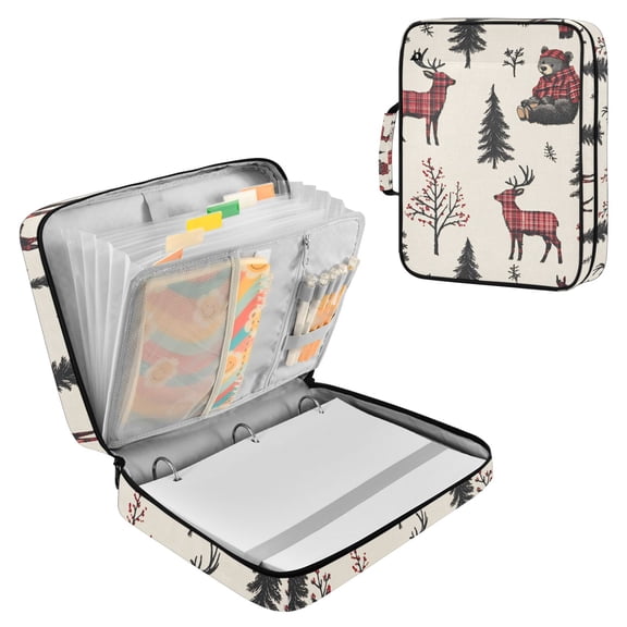 FORMRS Accordion File Folder A4 Size 7-Pocket Expanding Document Organizer Bag with 3 Ring Binder, Beige Christmas Plaid