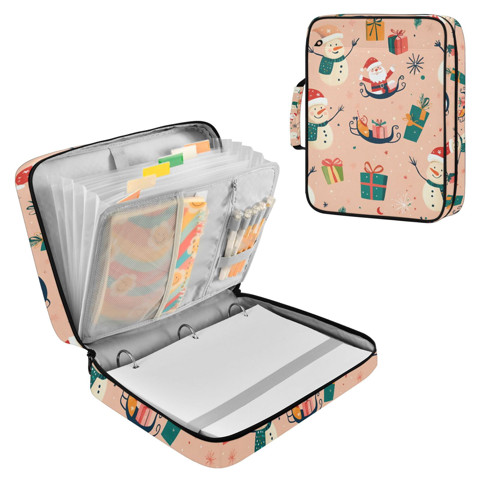 FORMRS Accordion File Folder A4 Size 7-Pocket Expanding Document Organizer Bag with 3 Ring Binder, Beige Christmas Snowman