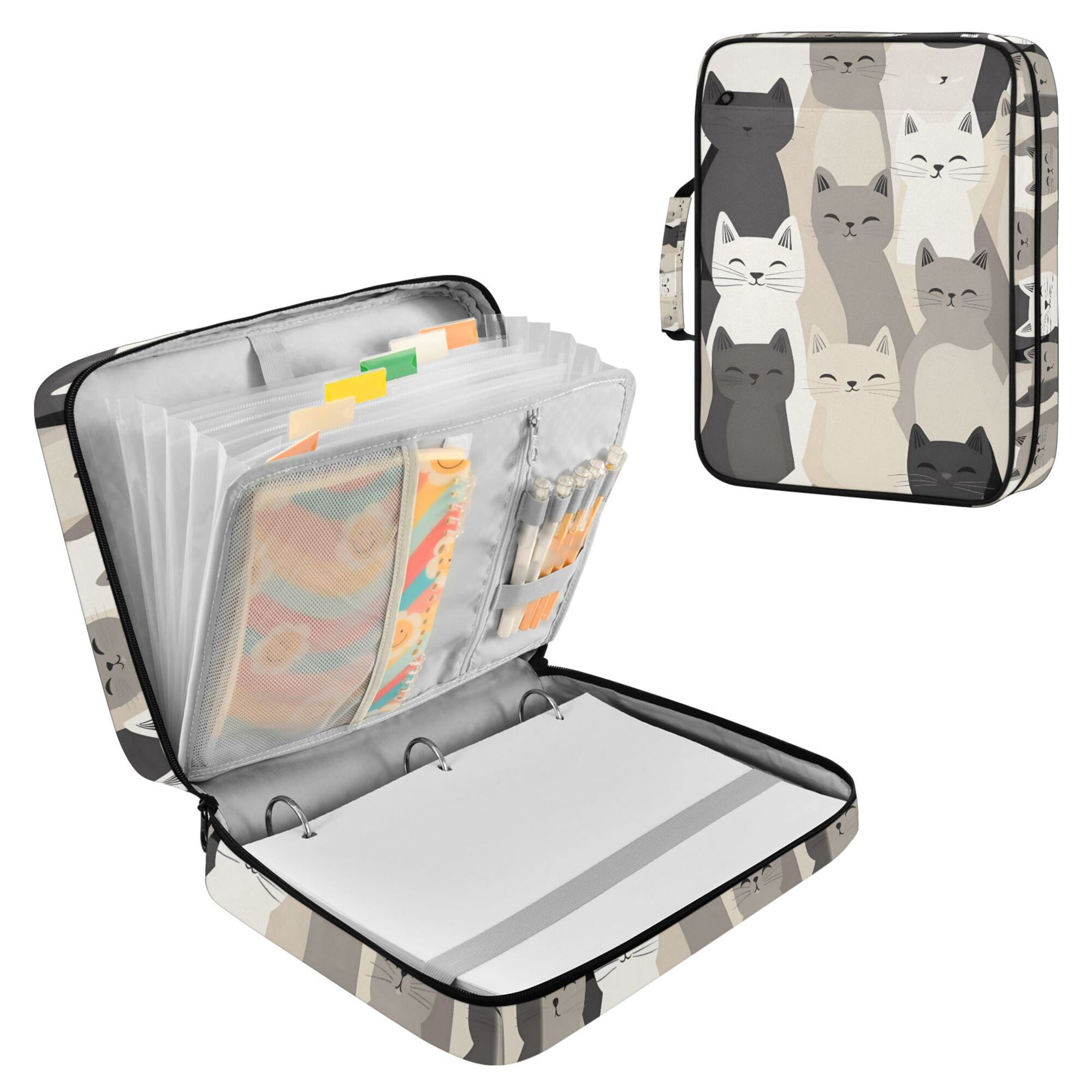 FORMRS Accordion File Folder A4 Size 7-Pocket Expanding Document Organizer Bag with 3 Ring Binder, Beige Cute Cats