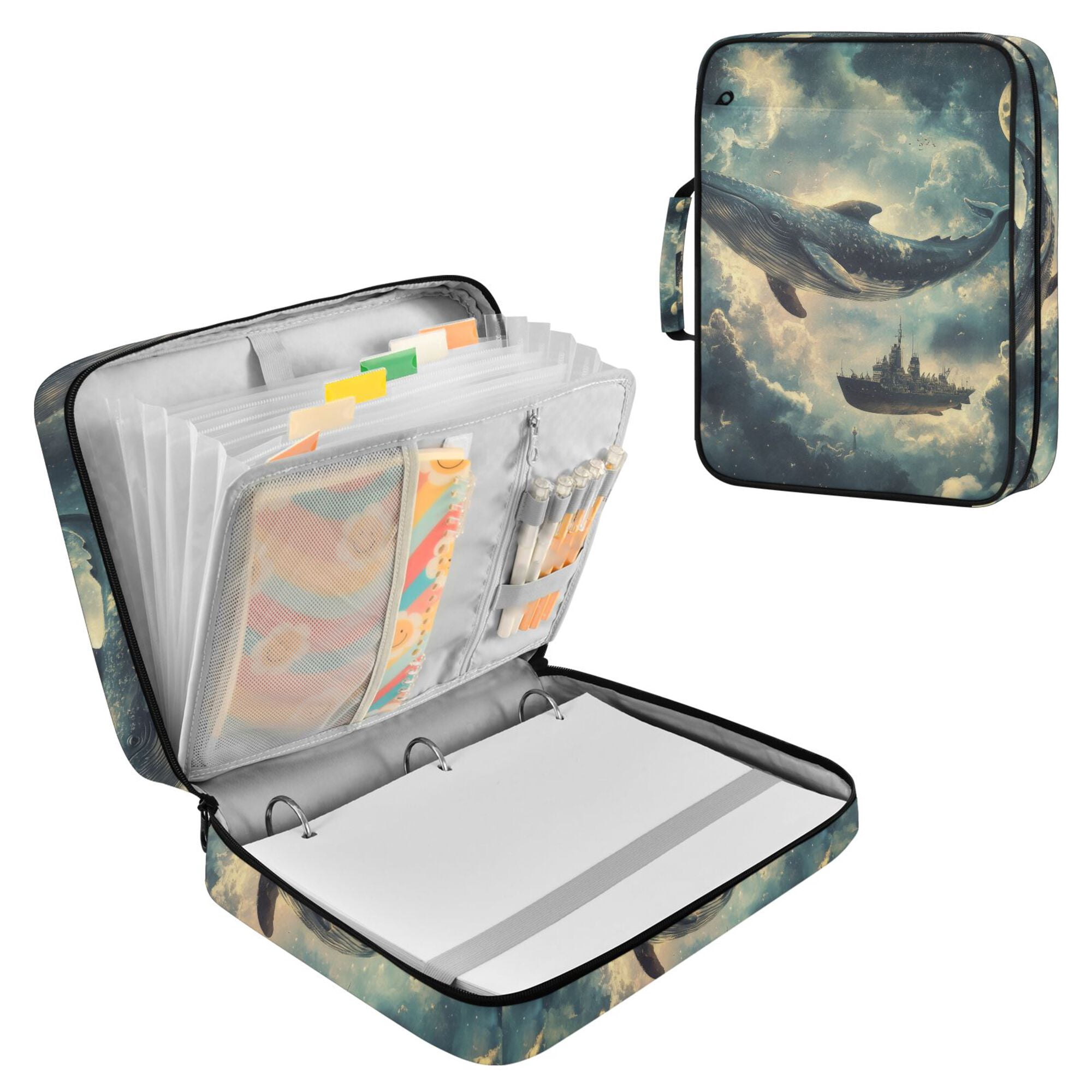 FORMRS Accordion File Folder A4 Size 7-Pocket Expanding Document Organizer Bag with 3 Ring Binder, Beige Floating Whale