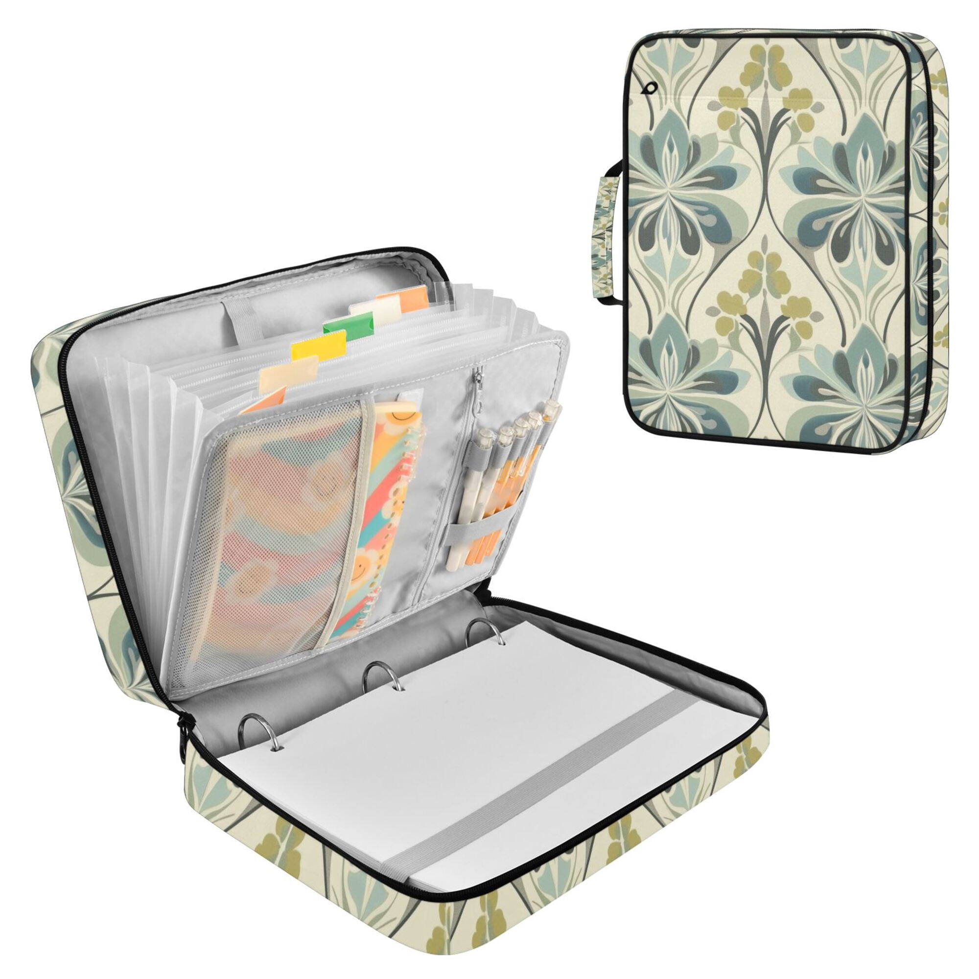 FORMRS Accordion File Folder A4 Size 7-Pocket Expanding Document Organizer Bag with 3 Ring Binder, Beige Floral Pattern