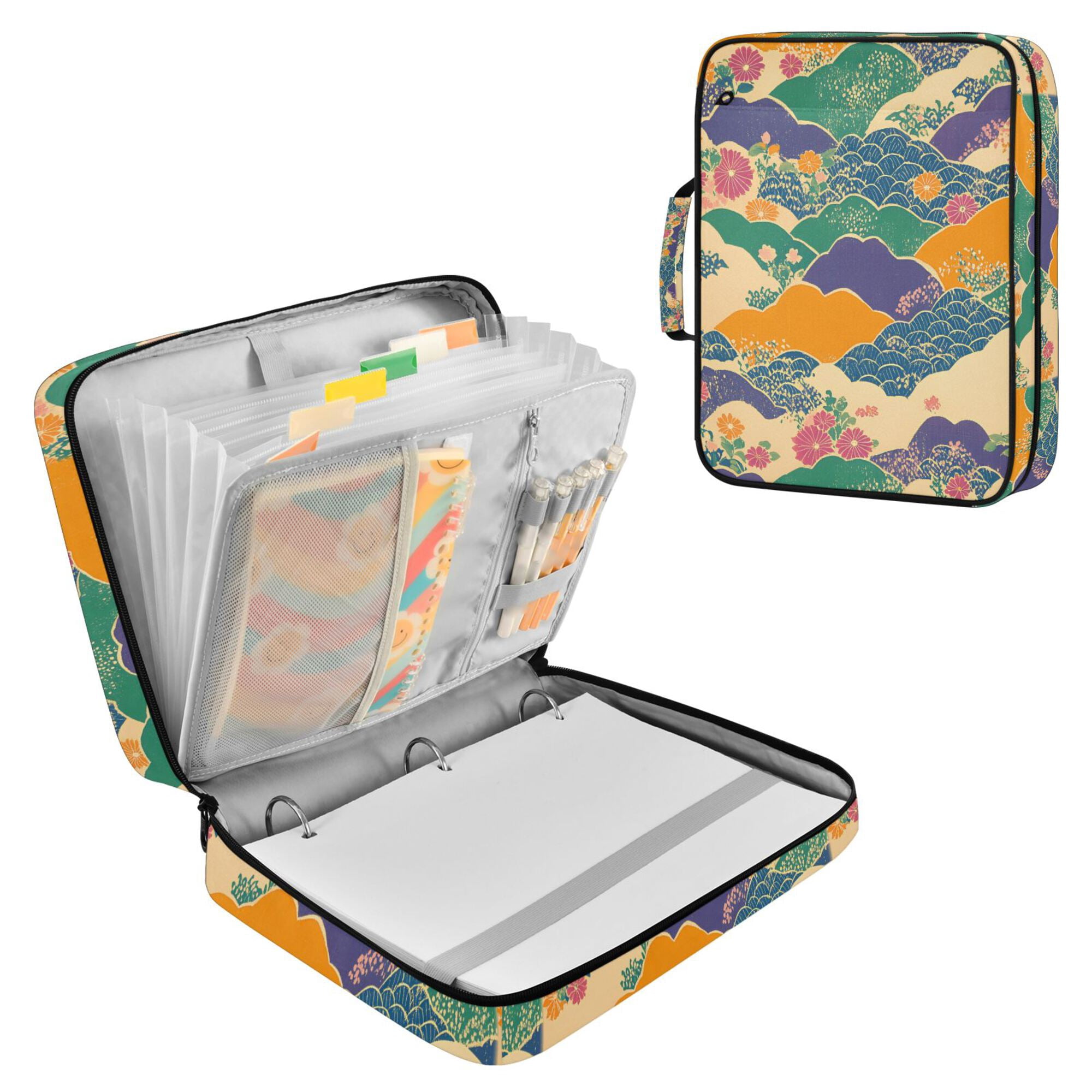 FORMRS Accordion File Folder A4 Size 7-Pocket Expanding Document Organizer Bag with 3 Ring Binder, Beige Floral Wave