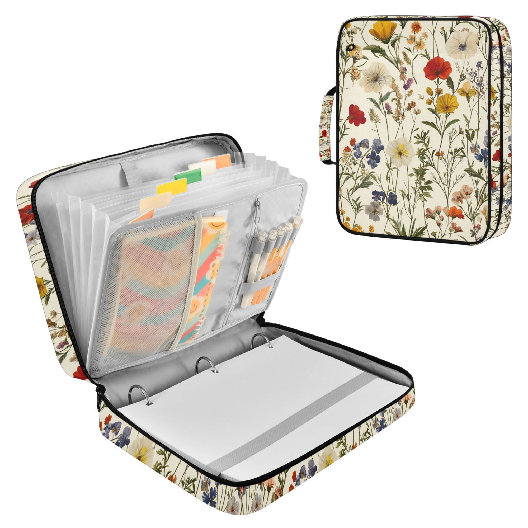 FORMRS Accordion File Folder A4 Size 7-Pocket Expanding Document Organizer Bag with 3 Ring Binder, Beige Floral