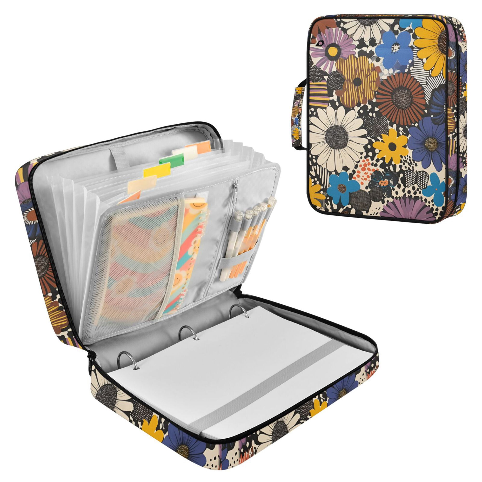 FORMRS Accordion File Folder A4 Size 7-Pocket Expanding Document Organizer Bag with 3 Ring Binder, Beige Flowers
