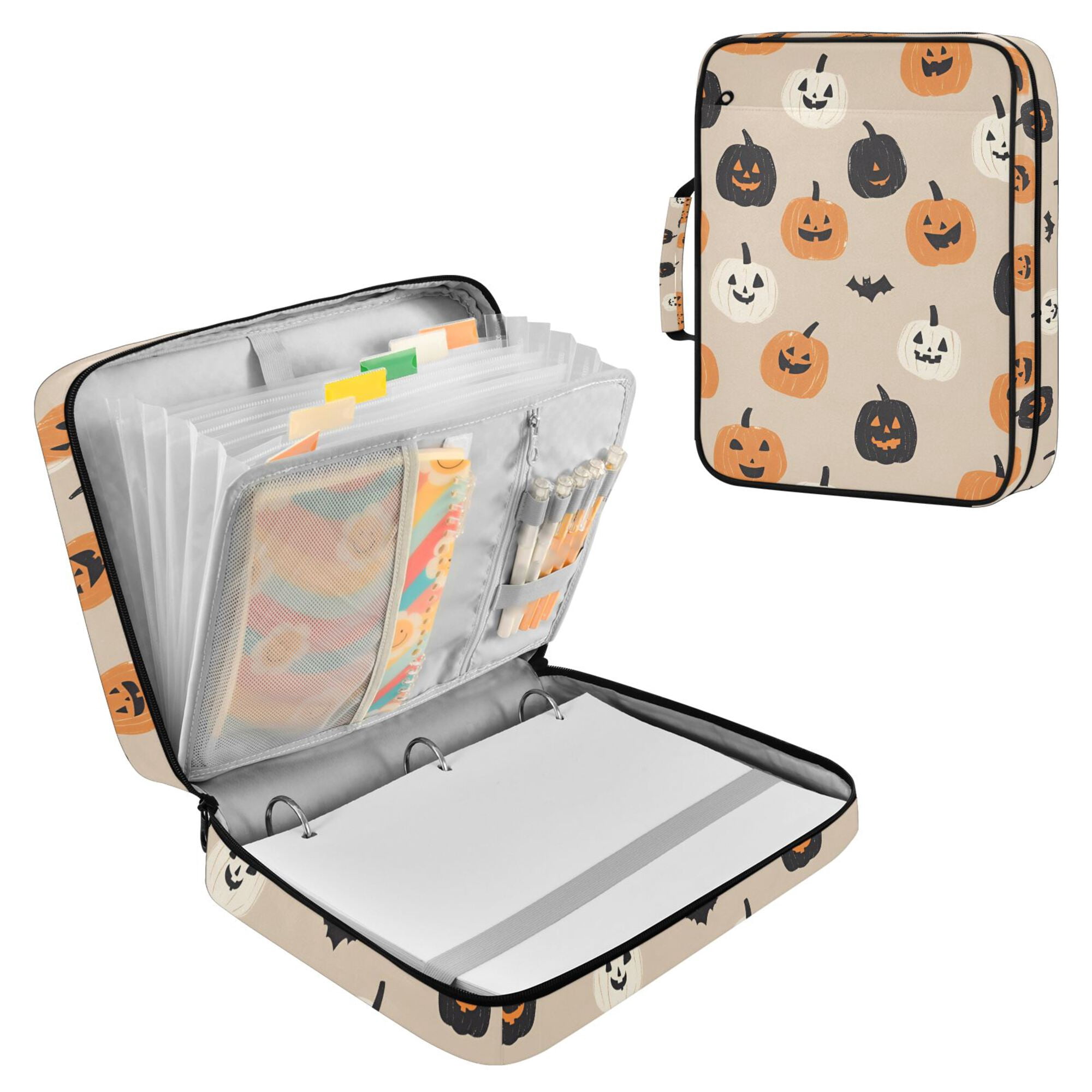 FORMRS Accordion File Folder A4 Size 7-Pocket Expanding Document Organizer Bag with 3 Ring Binder, Beige Halloween Pumpkin