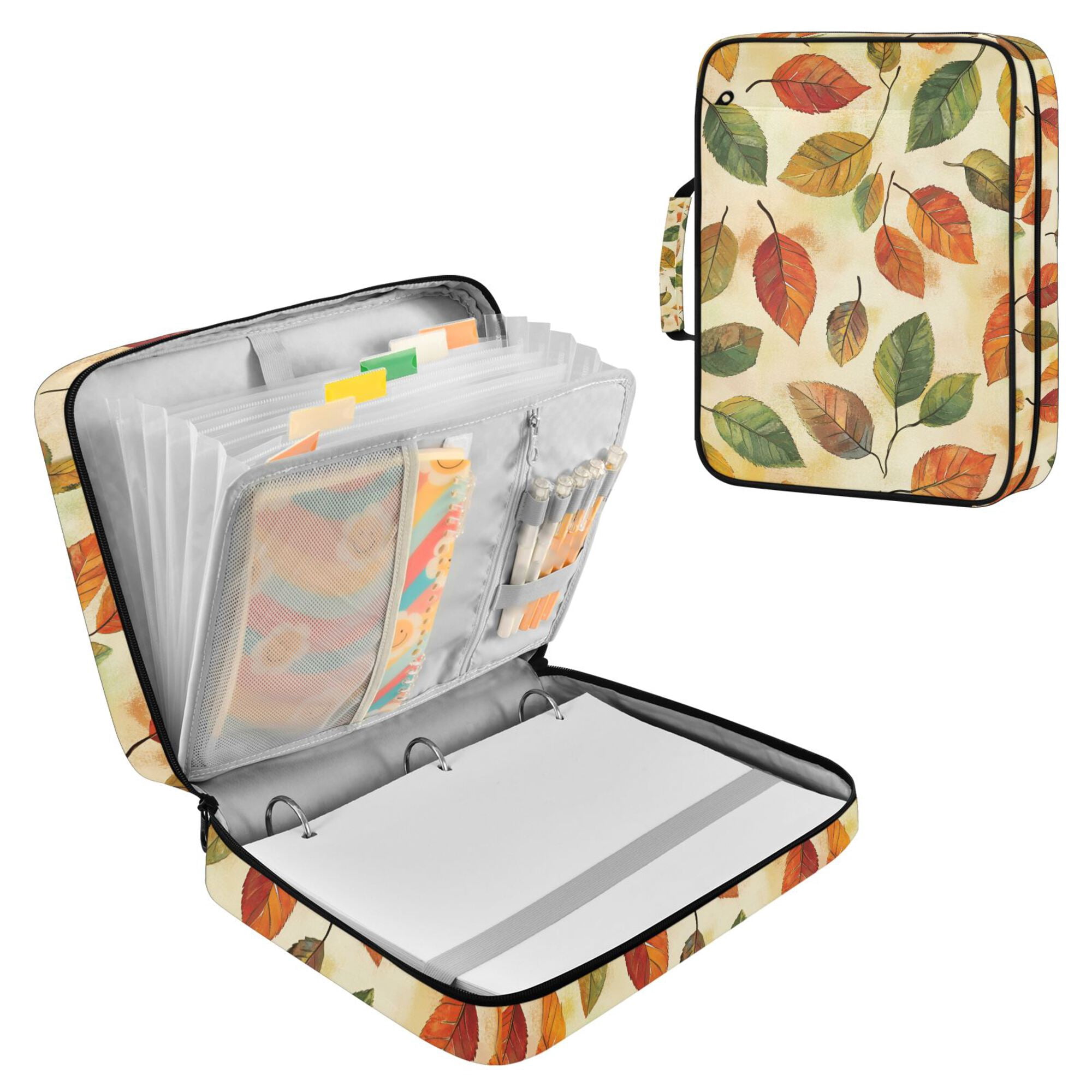FORMRS Accordion File Folder A4 Size 7-Pocket Expanding Document Organizer Bag with 3 Ring Binder, Beige Leaves