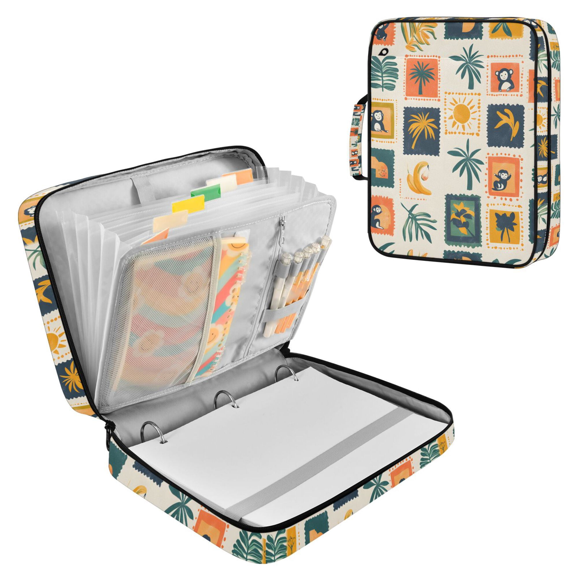 FORMRS Accordion File Folder A4 Size 7-Pocket Expanding Document Organizer Bag with 3 Ring Binder, Beige Playful Stamp