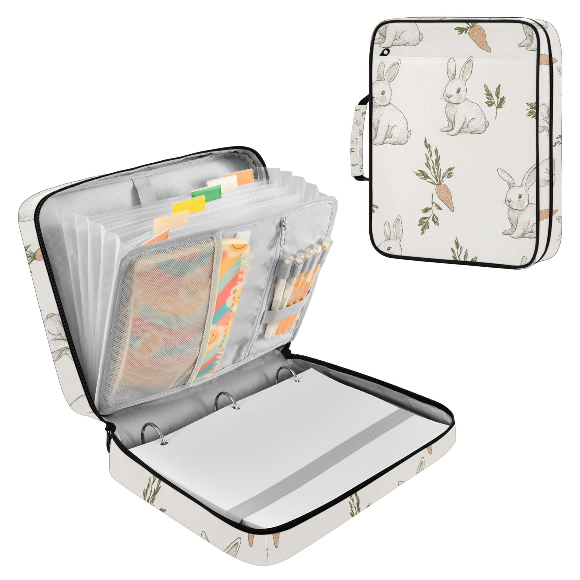 FORMRS Accordion File Folder A4 Size 7-Pocket Expanding Document Organizer Bag with 3 Ring Binder, Beige Rabbits and Carrots