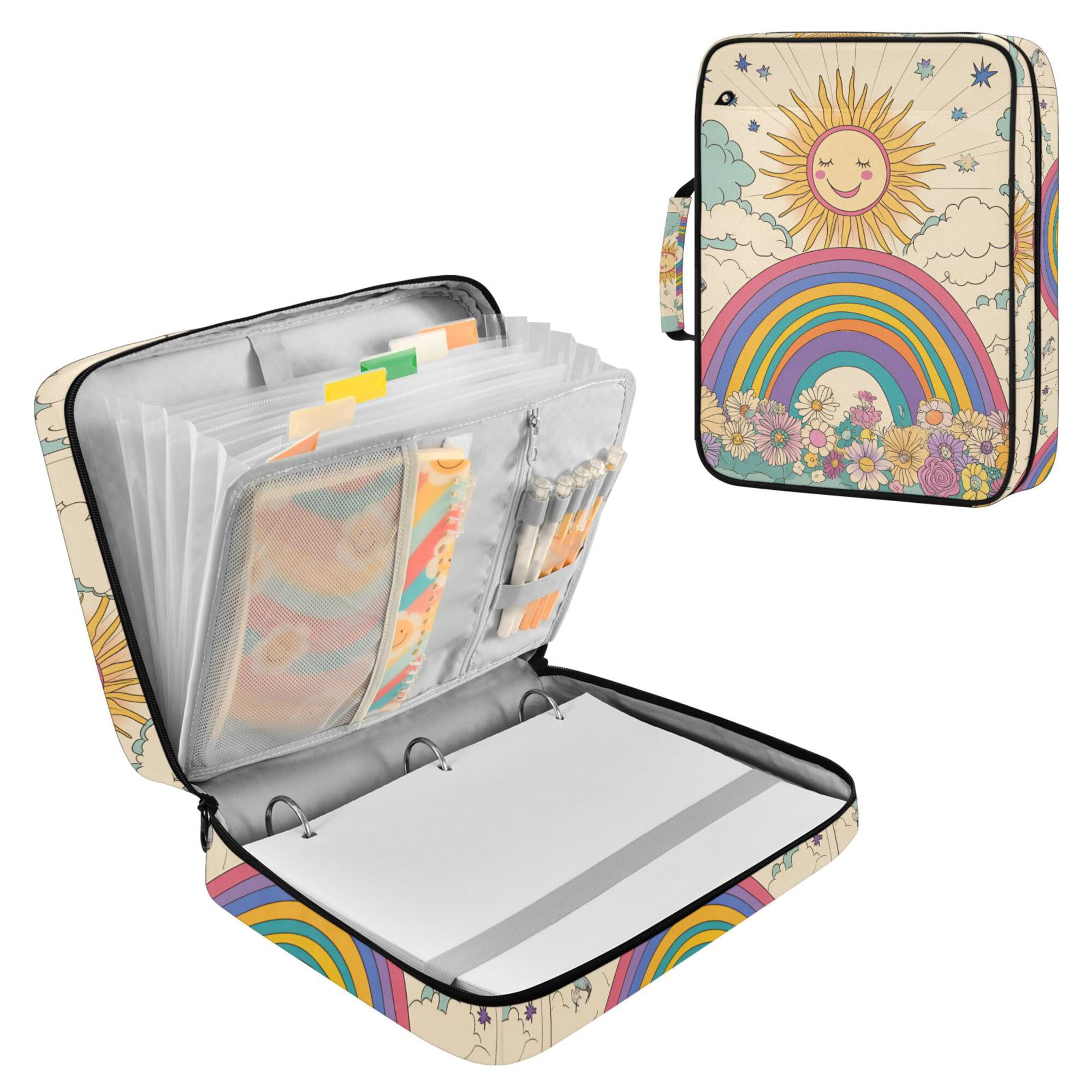 FORMRS Accordion File Folder A4 Size 7-Pocket Expanding Document Organizer Bag with 3 Ring Binder, Beige Rainbow
