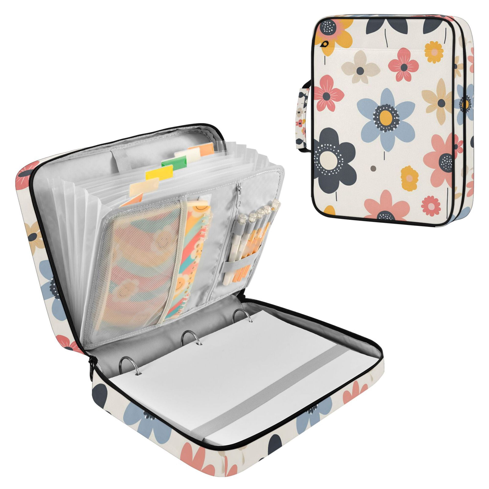 FORMRS Accordion File Folder A4 Size 7-Pocket Expanding Document Organizer Bag with 3 Ring Binder, Beige Retro Flower