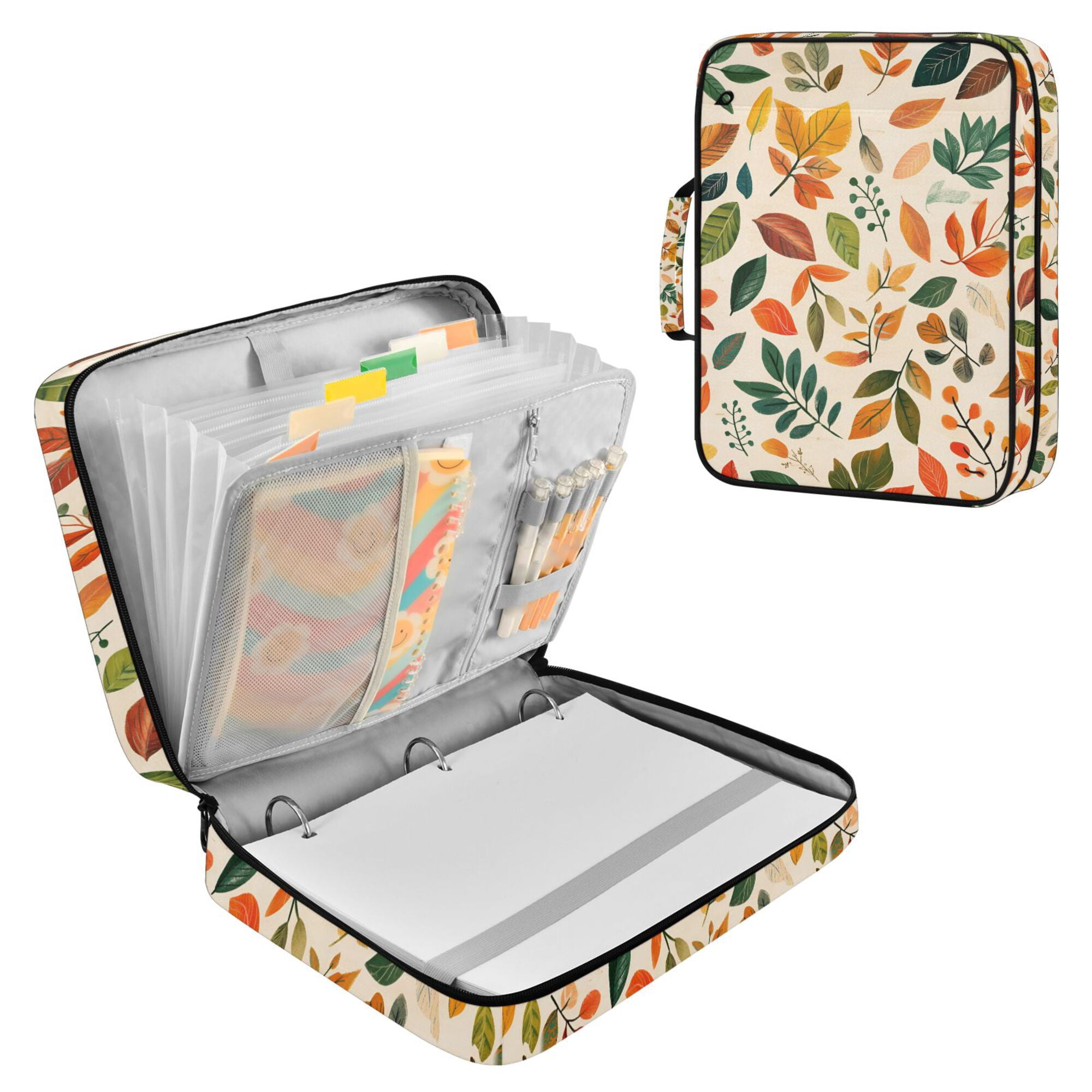 FORMRS Accordion File Folder A4 Size 7-Pocket Expanding Document Organizer Bag with 3 Ring Binder, Beige Retro Leaves