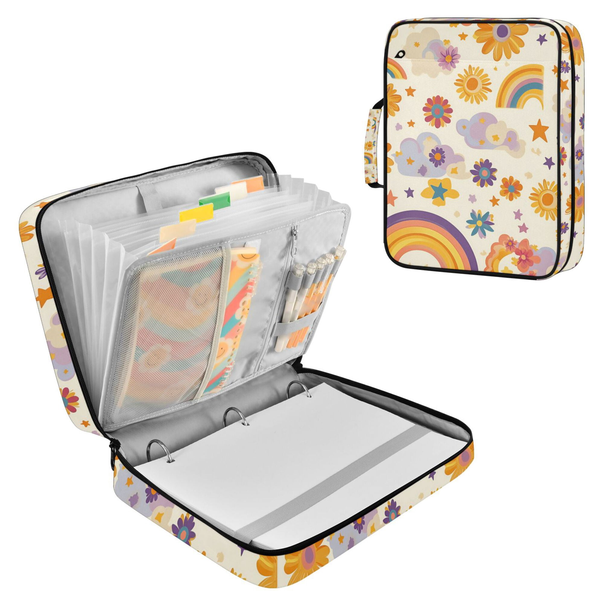 FORMRS Accordion File Folder A4 Size 7-Pocket Expanding Document Organizer Bag with 3 Ring Binder, Beige Retro Rainbow