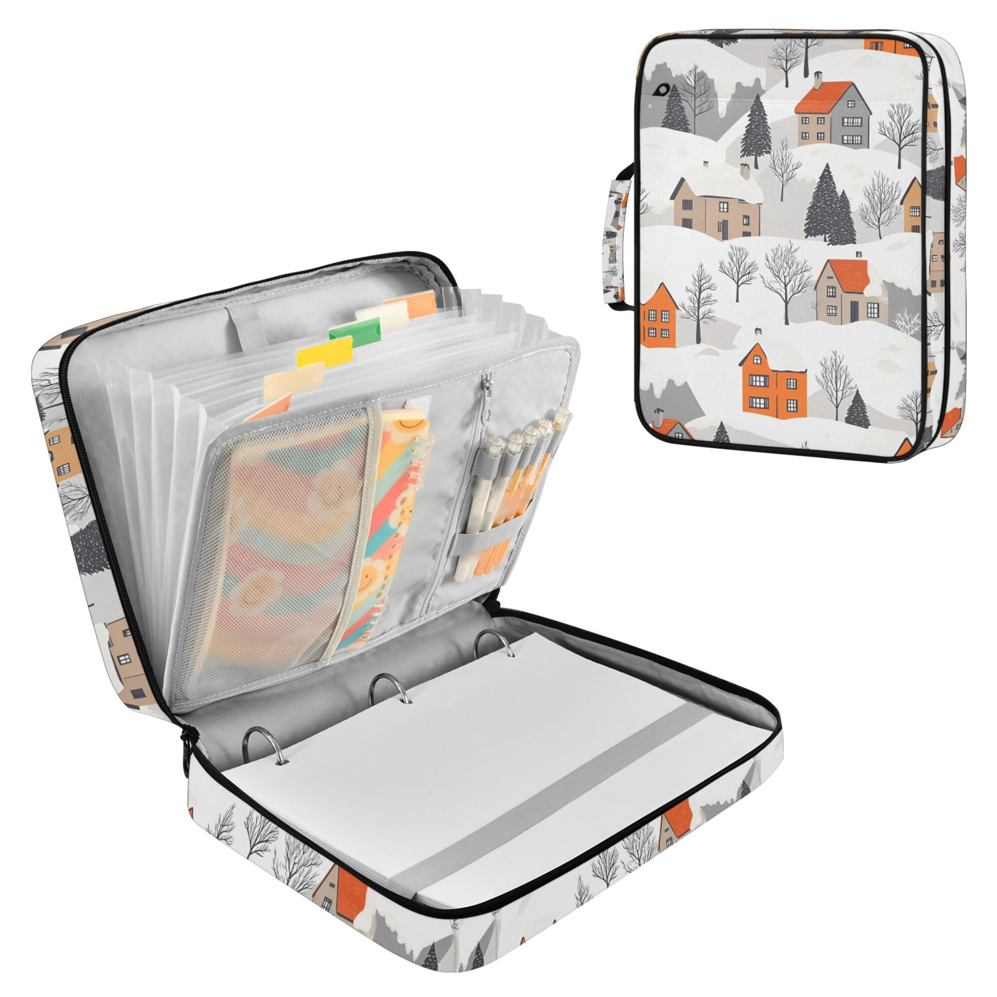 FORMRS Accordion File Folder A4 Size 7-Pocket Expanding Document Organizer Bag with 3 Ring Binder, Beige Snow Houses