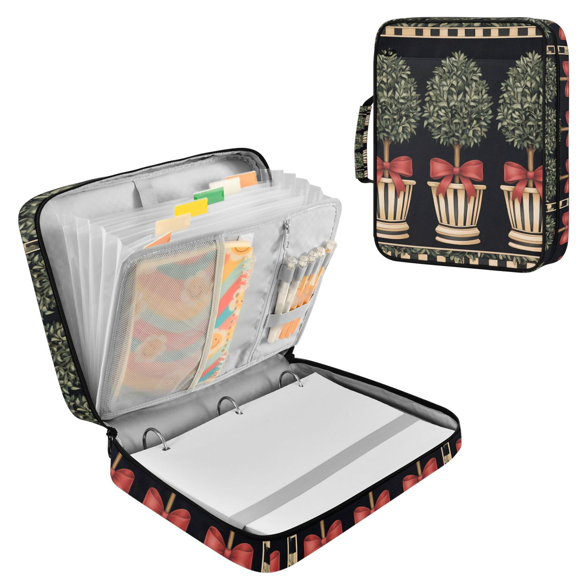 FORMRS Accordion File Folder A4 Size 7-Pocket Expanding Document Organizer Bag with 3 Ring Binder, Beige Striped Trees