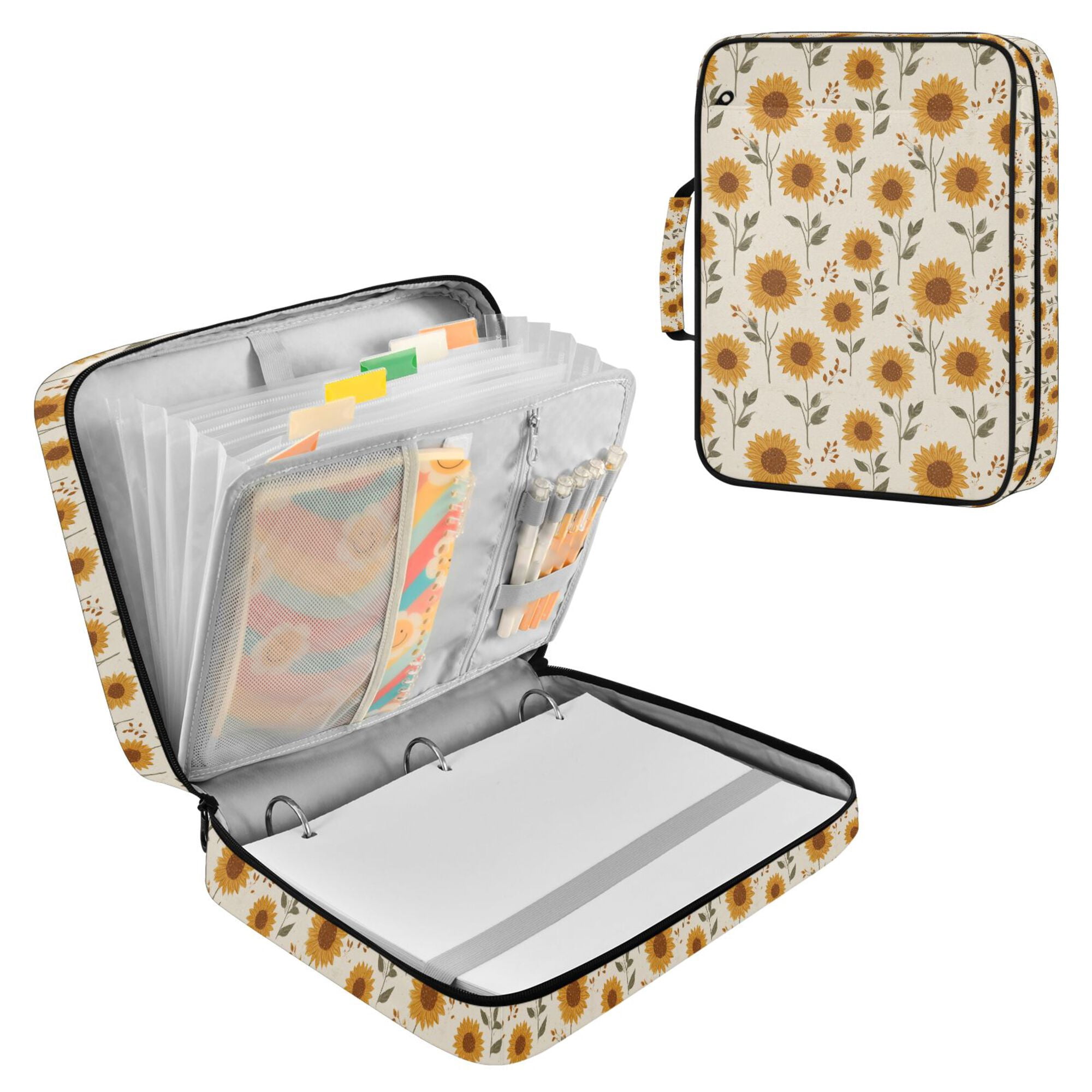 FORMRS Accordion File Folder A4 Size 7-Pocket Expanding Document Organizer Bag with 3 Ring Binder, Beige Sunflower Pattern
