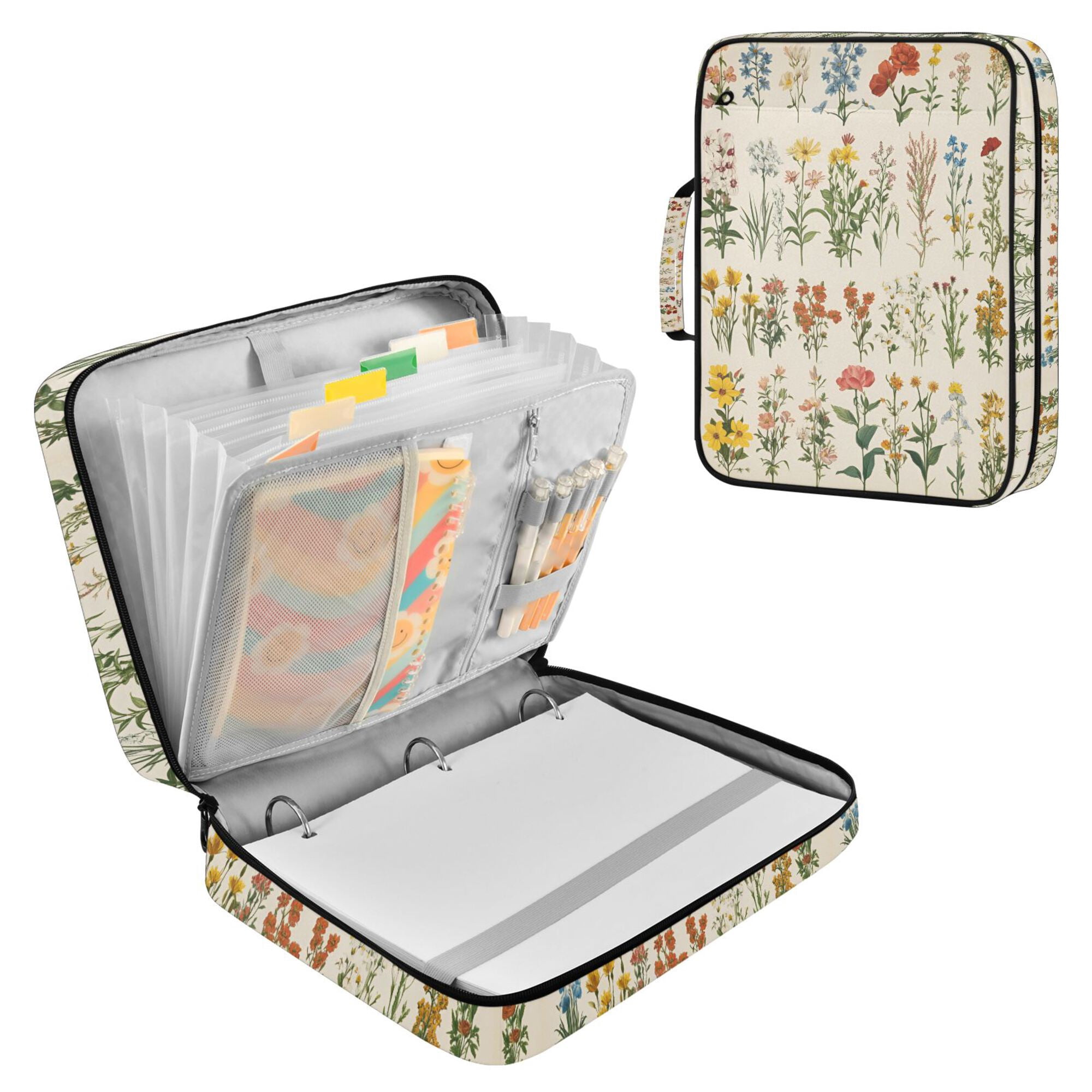 FORMRS Accordion File Folder A4 Size 7-Pocket Expanding Document Organizer Bag with 3 Ring Binder, Beige Wildflowers