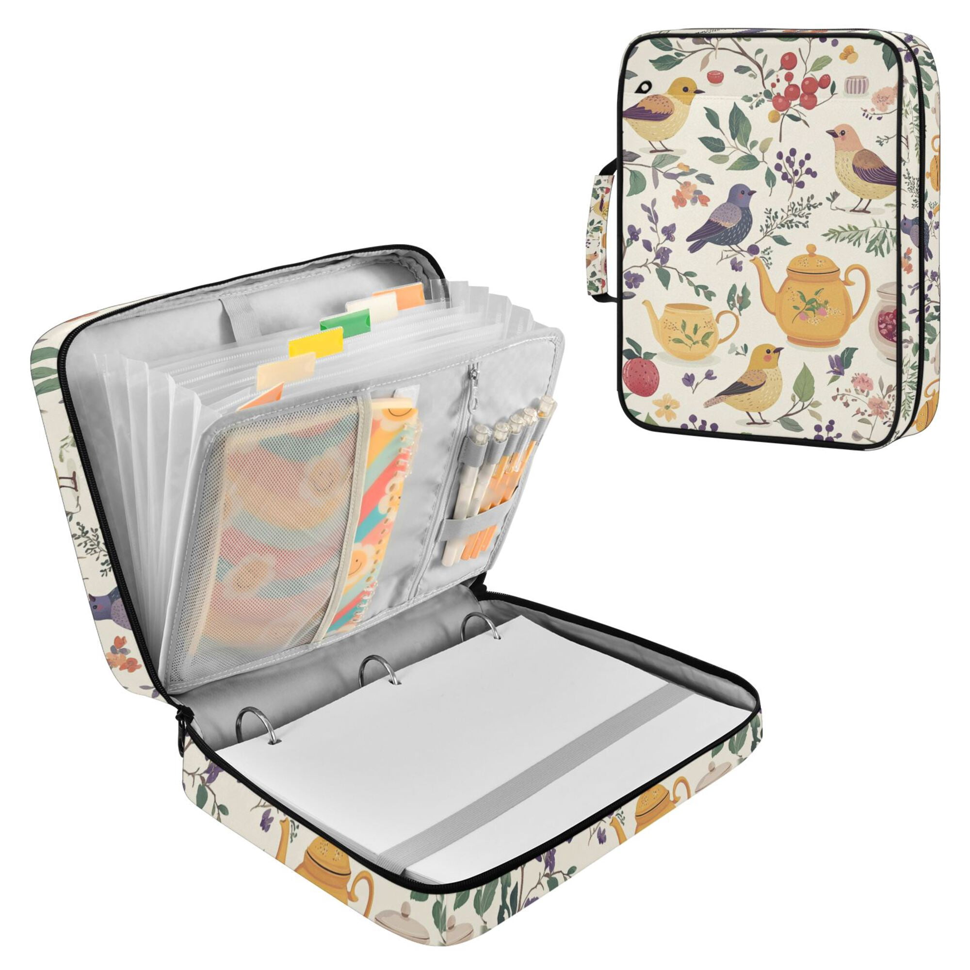 FORMRS Accordion File Folder A4 Size 7-Pocket Expanding Document Organizer Bag with 3 Ring Binder, Birds and Teapots