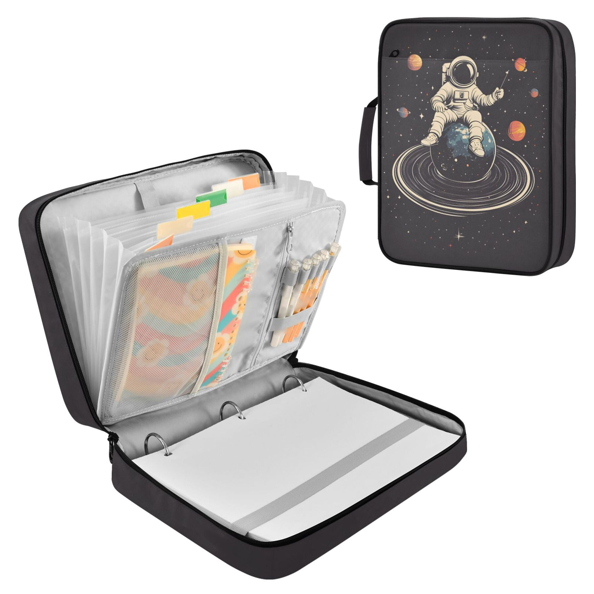 FORMRS Accordion File Folder A4 Size 7-Pocket Expanding Document Organizer Bag with 3 Ring Binder, Black Astronaut Space