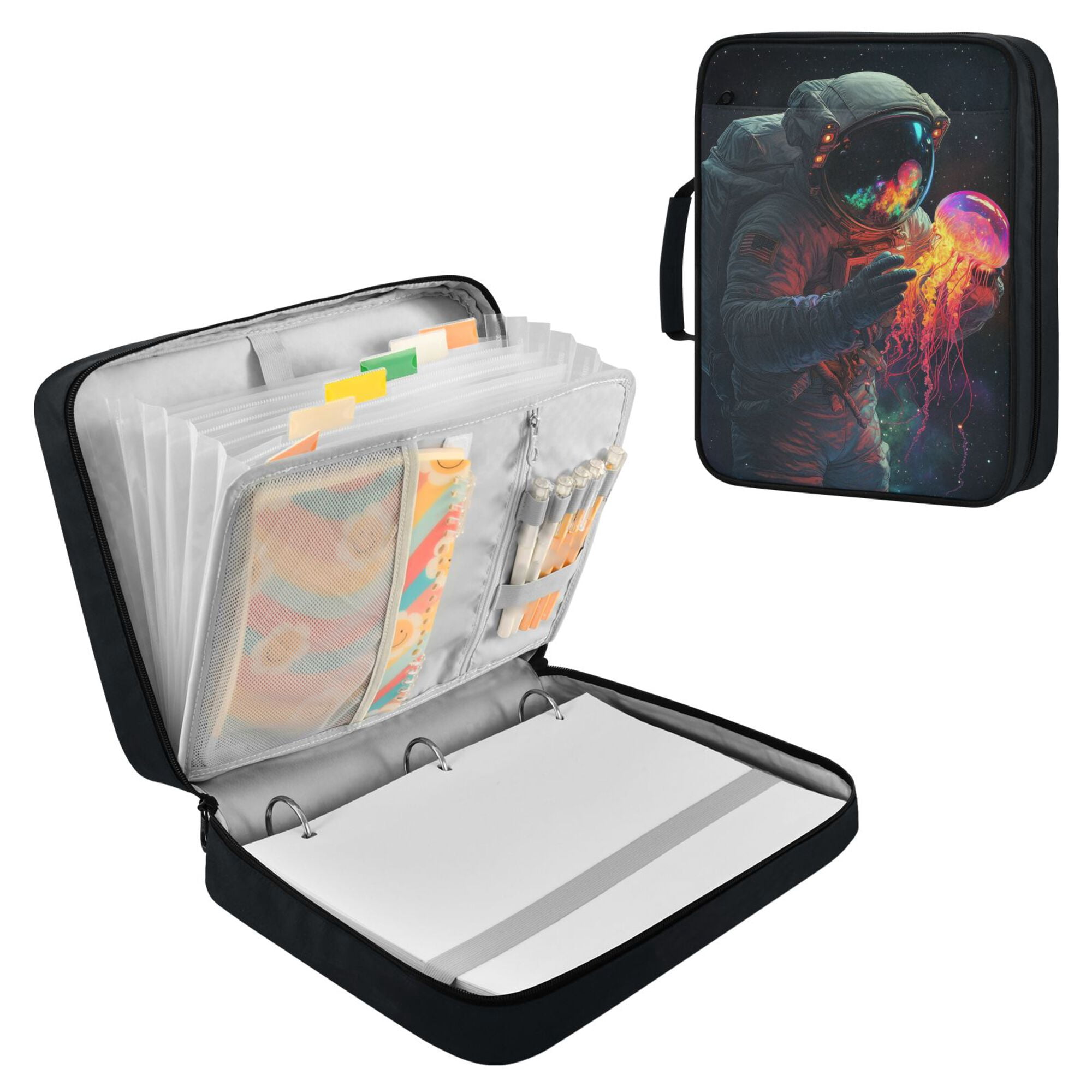 FORMRS Accordion File Folder A4 Size 7-Pocket Expanding Document Organizer Bag with 3 Ring Binder, Black Astronaut