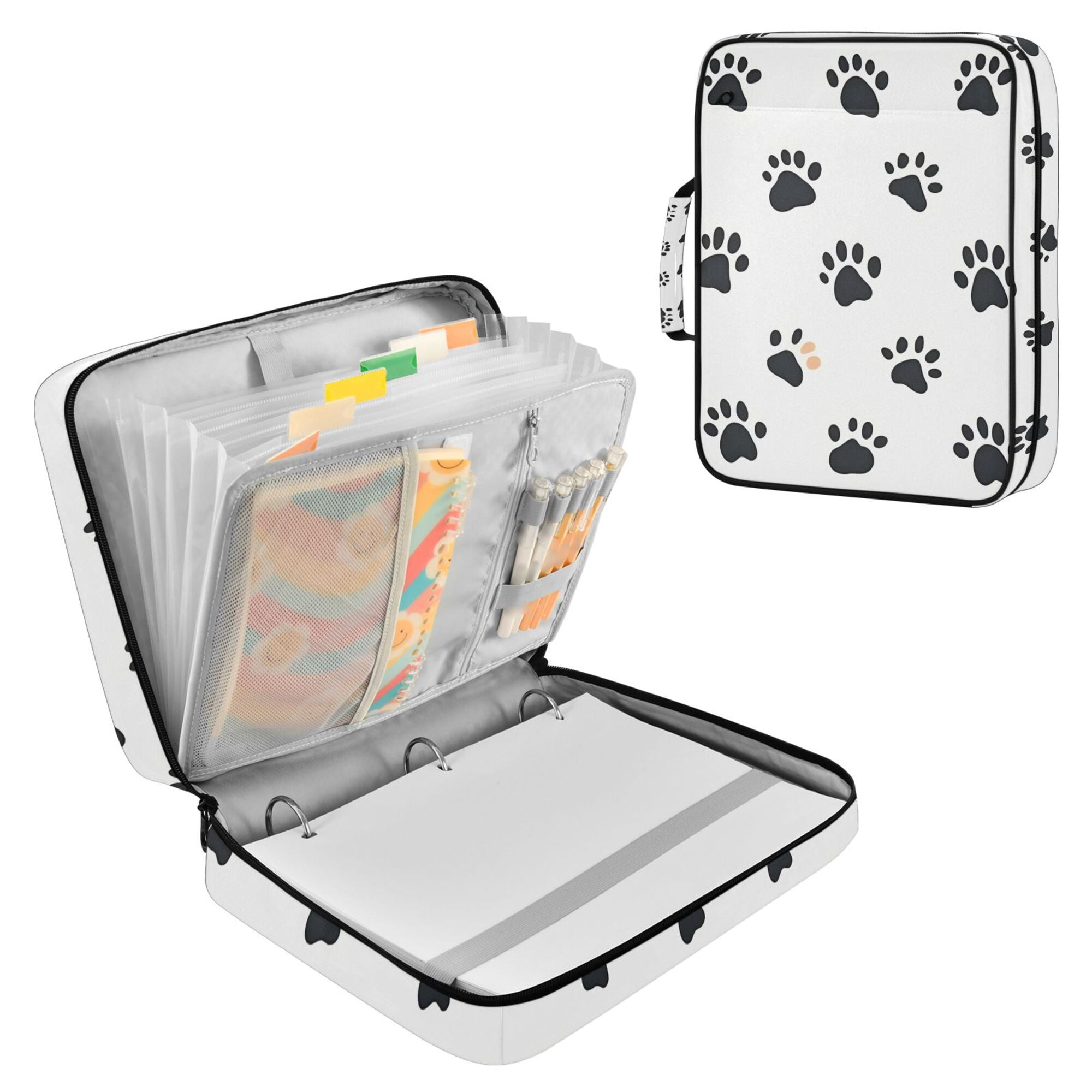 FORMRS Accordion File Folder A4 Size 7-Pocket Expanding Document Organizer Bag with 3 Ring Binder, Black Cartoon Cat Paw