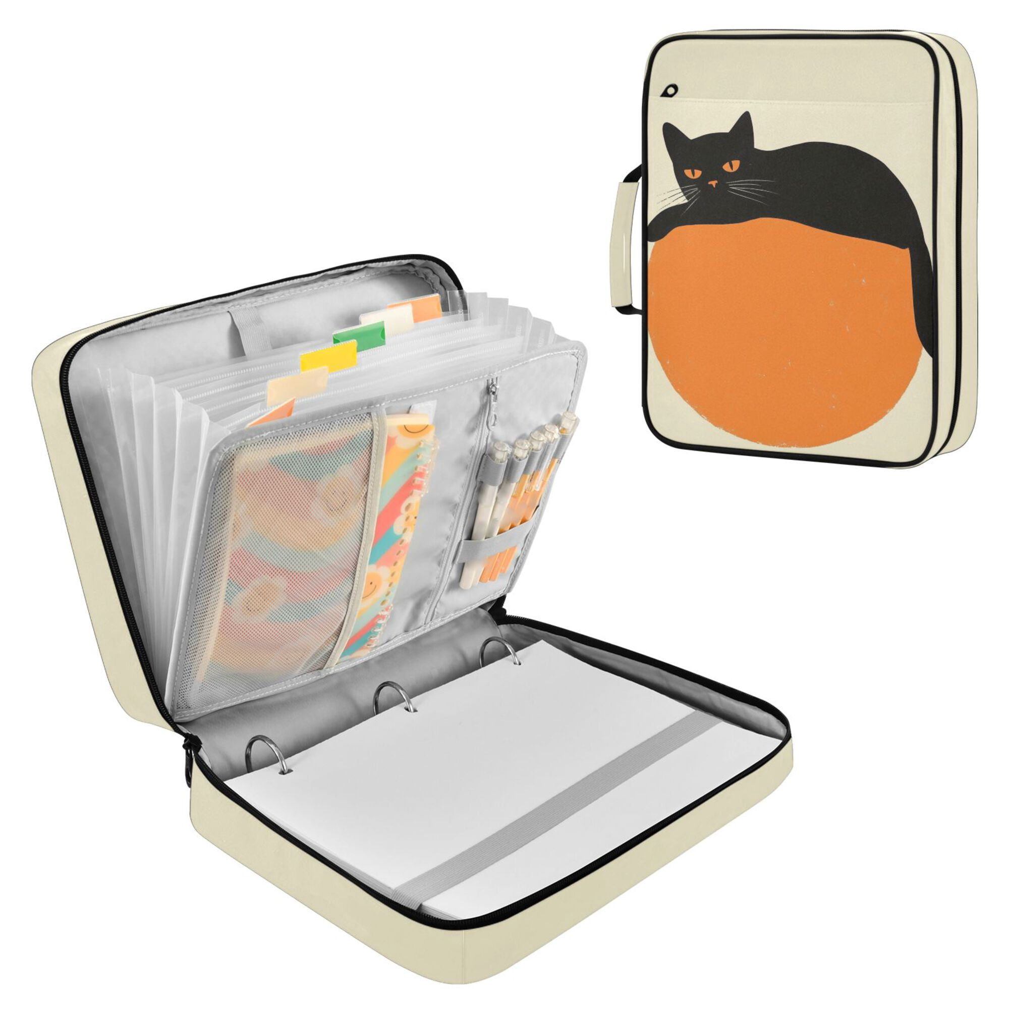 FORMRS Accordion File Folder A4 Size 7-Pocket Expanding Document Organizer Bag with 3 Ring Binder, Black Cat Orange Ball