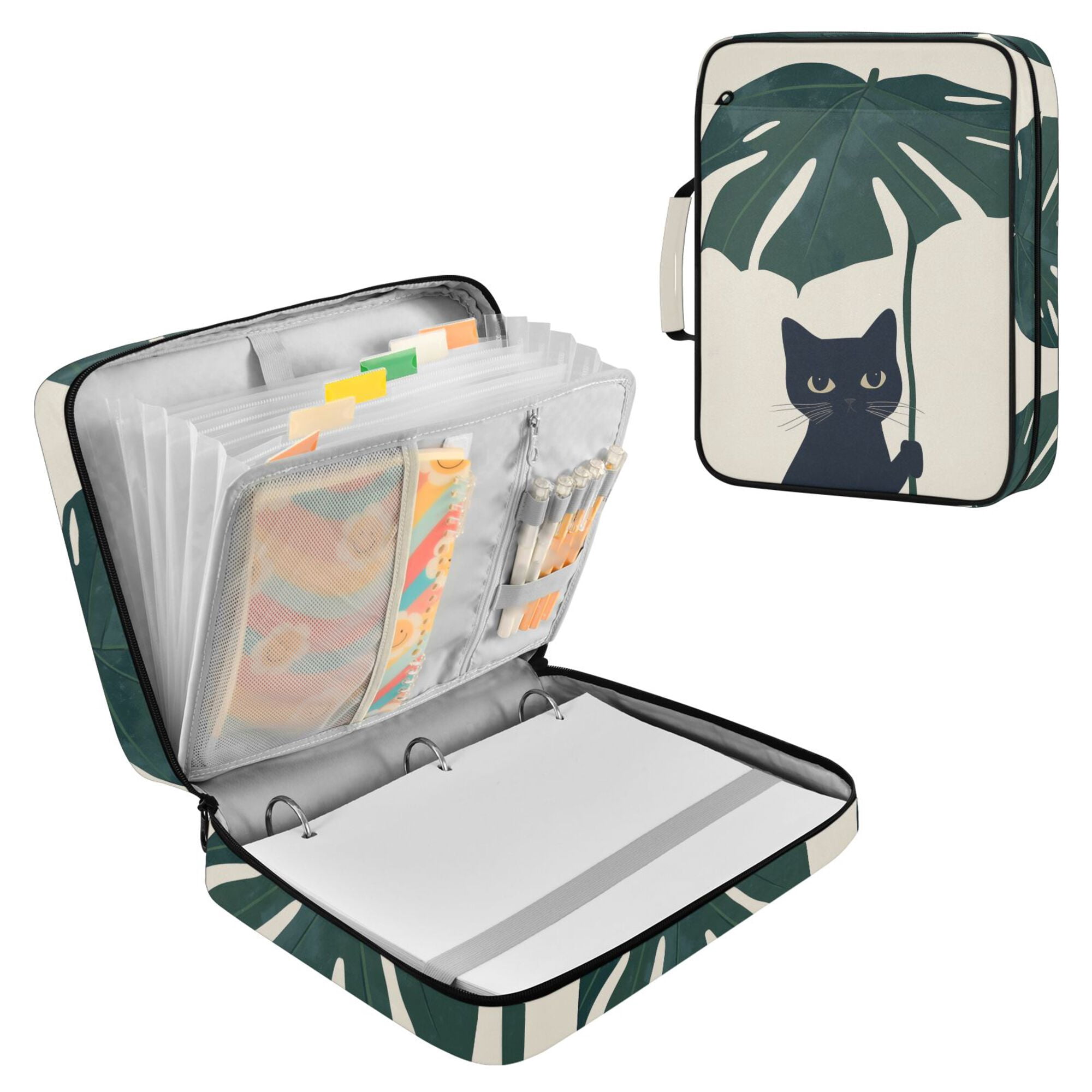 FORMRS Accordion File Folder A4 Size 7-Pocket Expanding Document Organizer Bag with 3 Ring Binder, Black Cat Plants