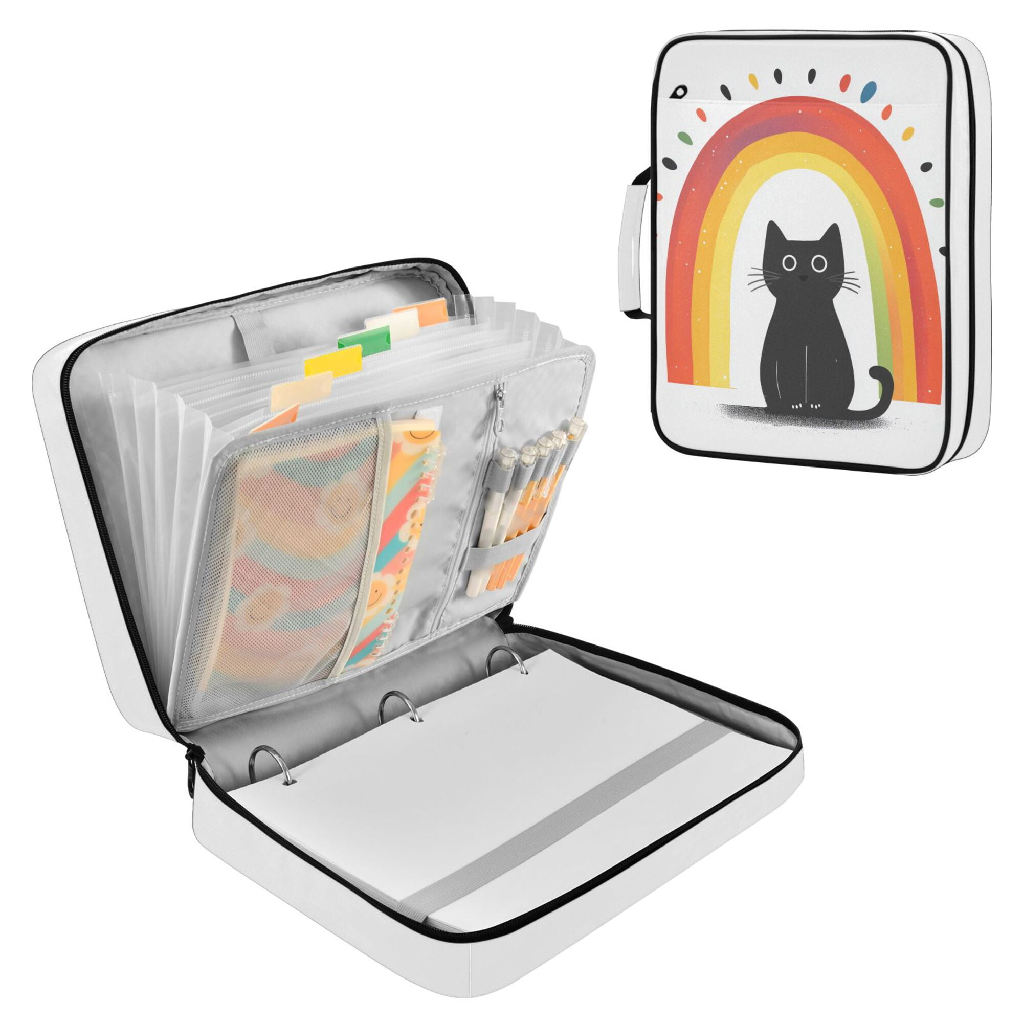FORMRS Accordion File Folder A4 Size 7-Pocket Expanding Document Organizer Bag with 3 Ring Binder, Black Cat Rainbow