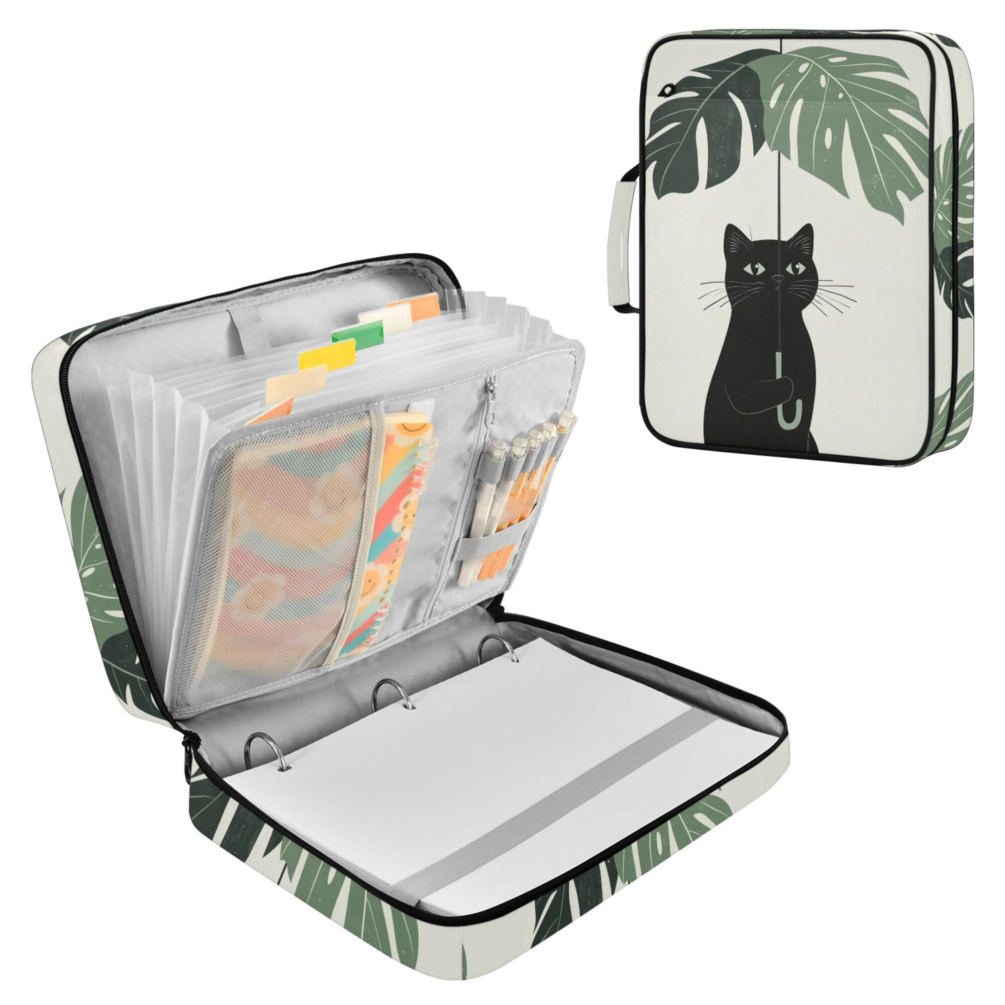 FORMRS Accordion File Folder A4 Size 7-Pocket Expanding Document Organizer Bag with 3 Ring Binder, Black Cat Umbrella