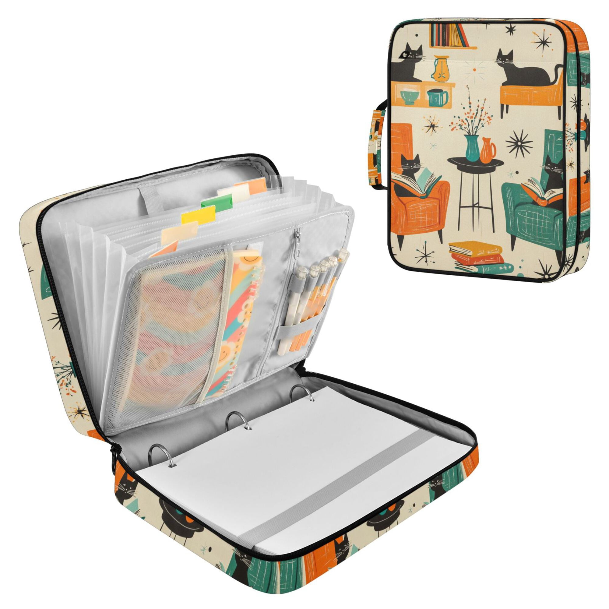 FORMRS Accordion File Folder A4 Size 7-Pocket Expanding Document Organizer Bag with 3 Ring Binder, Black Cats Reading