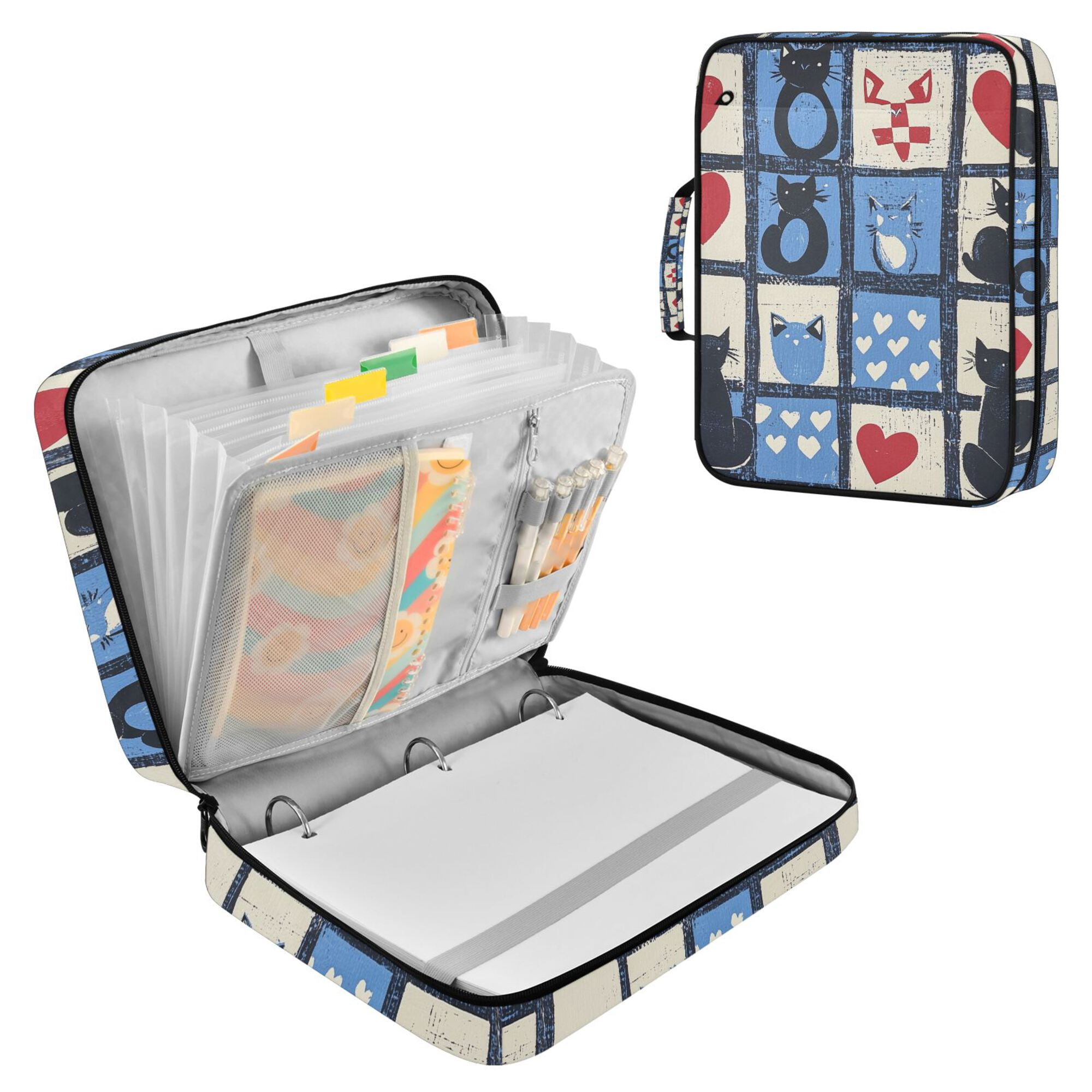 FORMRS Accordion File Folder A4 Size 7-Pocket Expanding Document Organizer Bag with 3 Ring Binder, Black Cats and Hearts