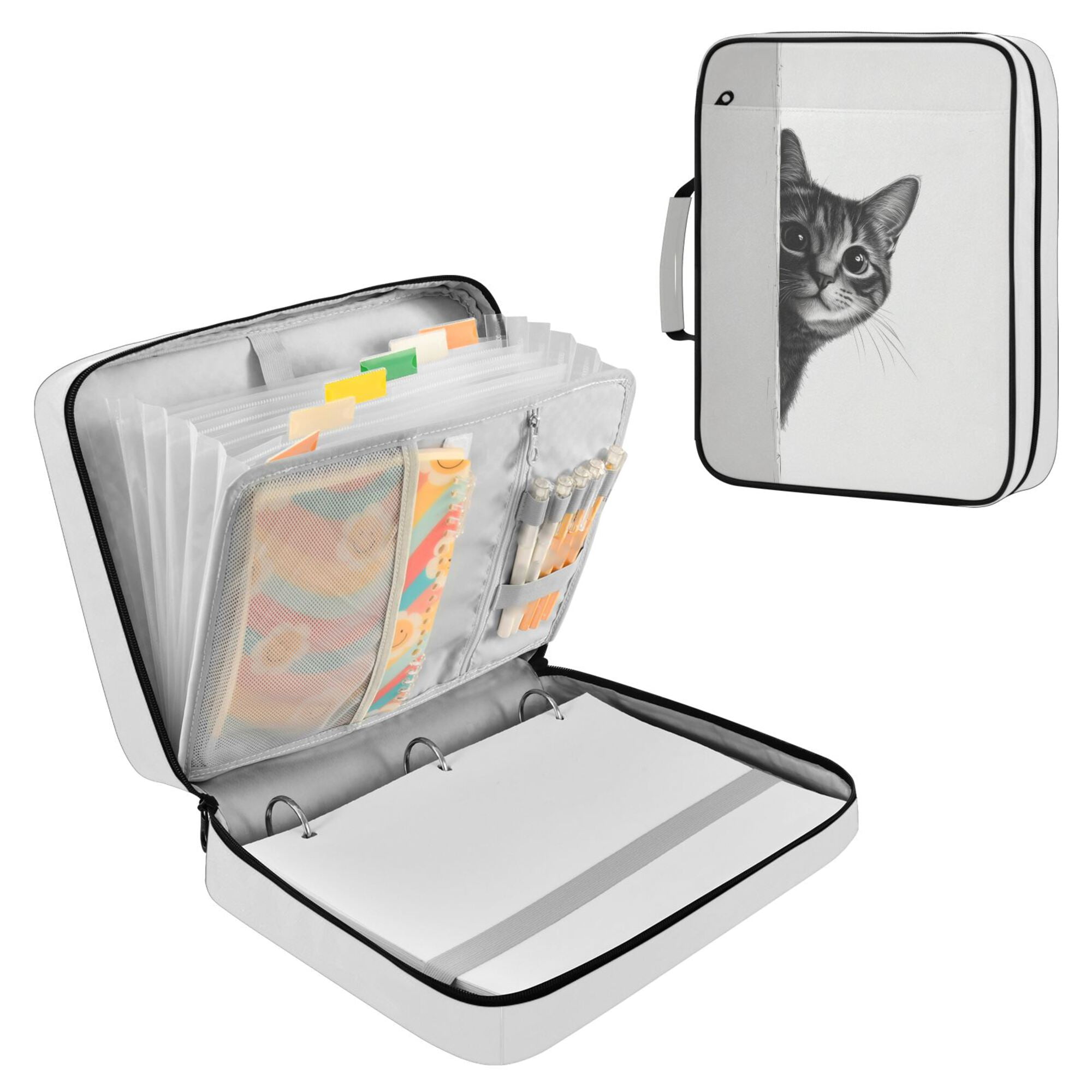 FORMRS Accordion File Folder A4 Size 7-Pocket Expanding Document Organizer Bag with 3 Ring Binder, Black Cute Cat