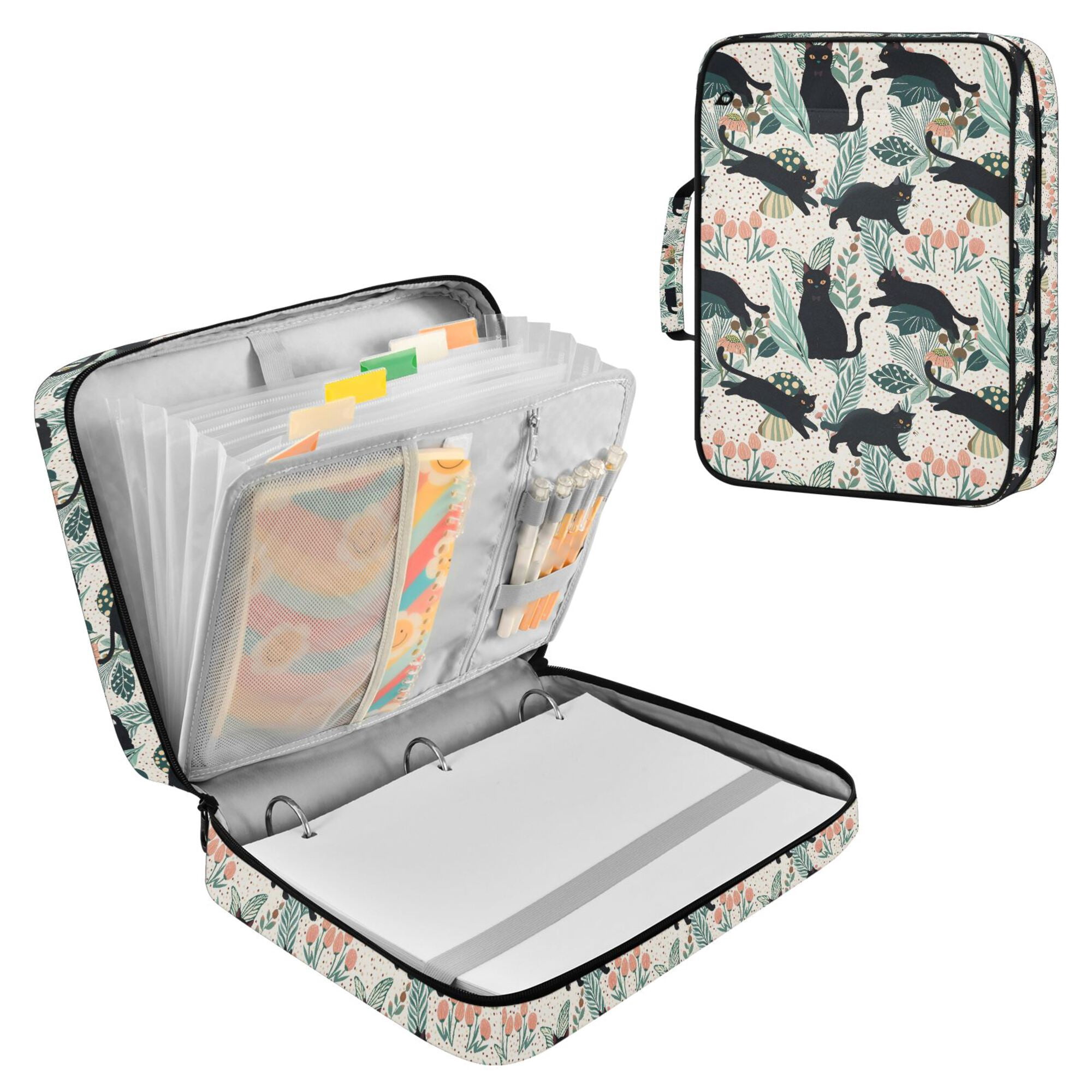 FORMRS Accordion File Folder A4 Size 7-Pocket Expanding Document Organizer Bag with 3 Ring Binder, Black Floral Cat Pattern