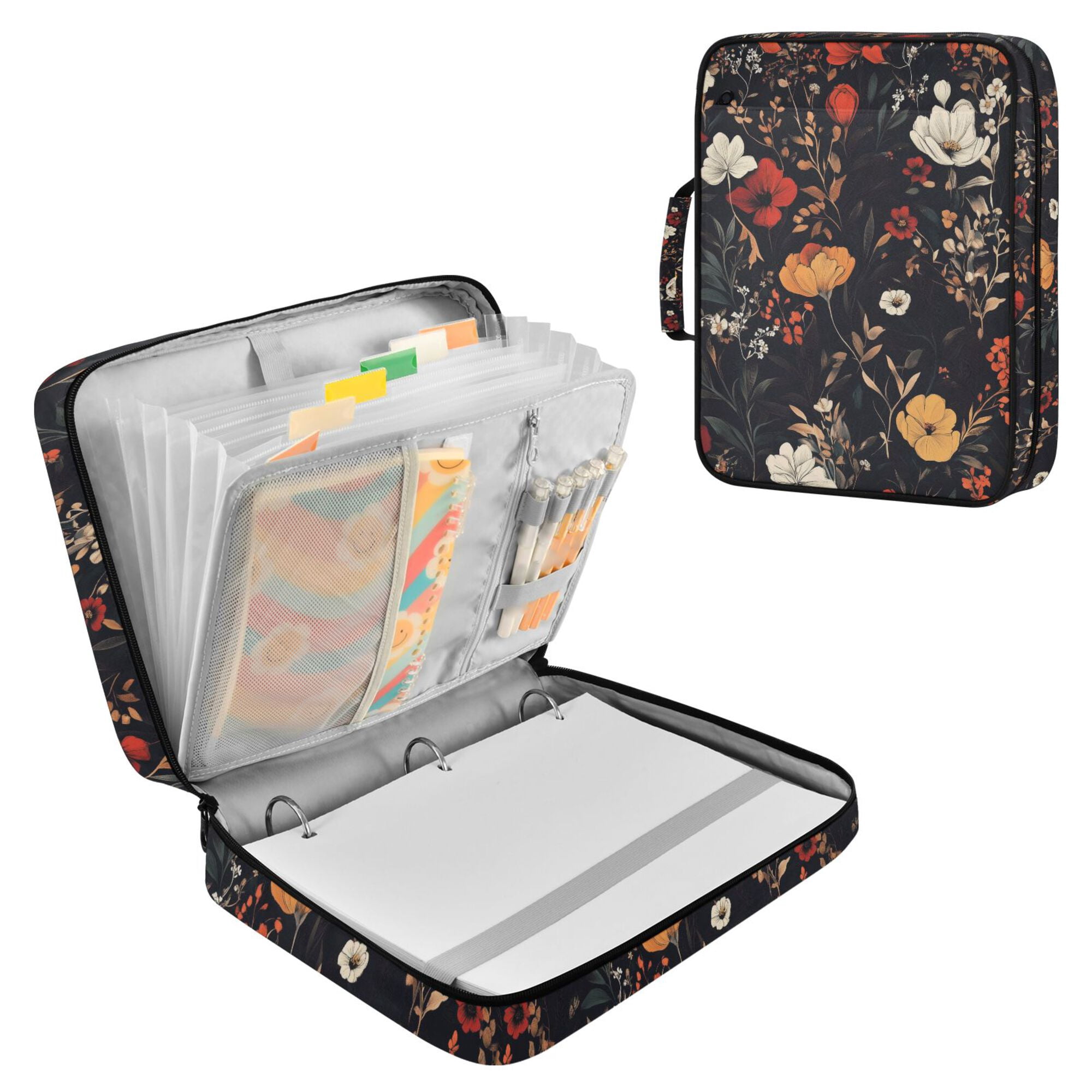 FORMRS Accordion File Folder A4 Size 7-Pocket Expanding Document Organizer Bag with 3 Ring Binder, Black Floral Pattern
