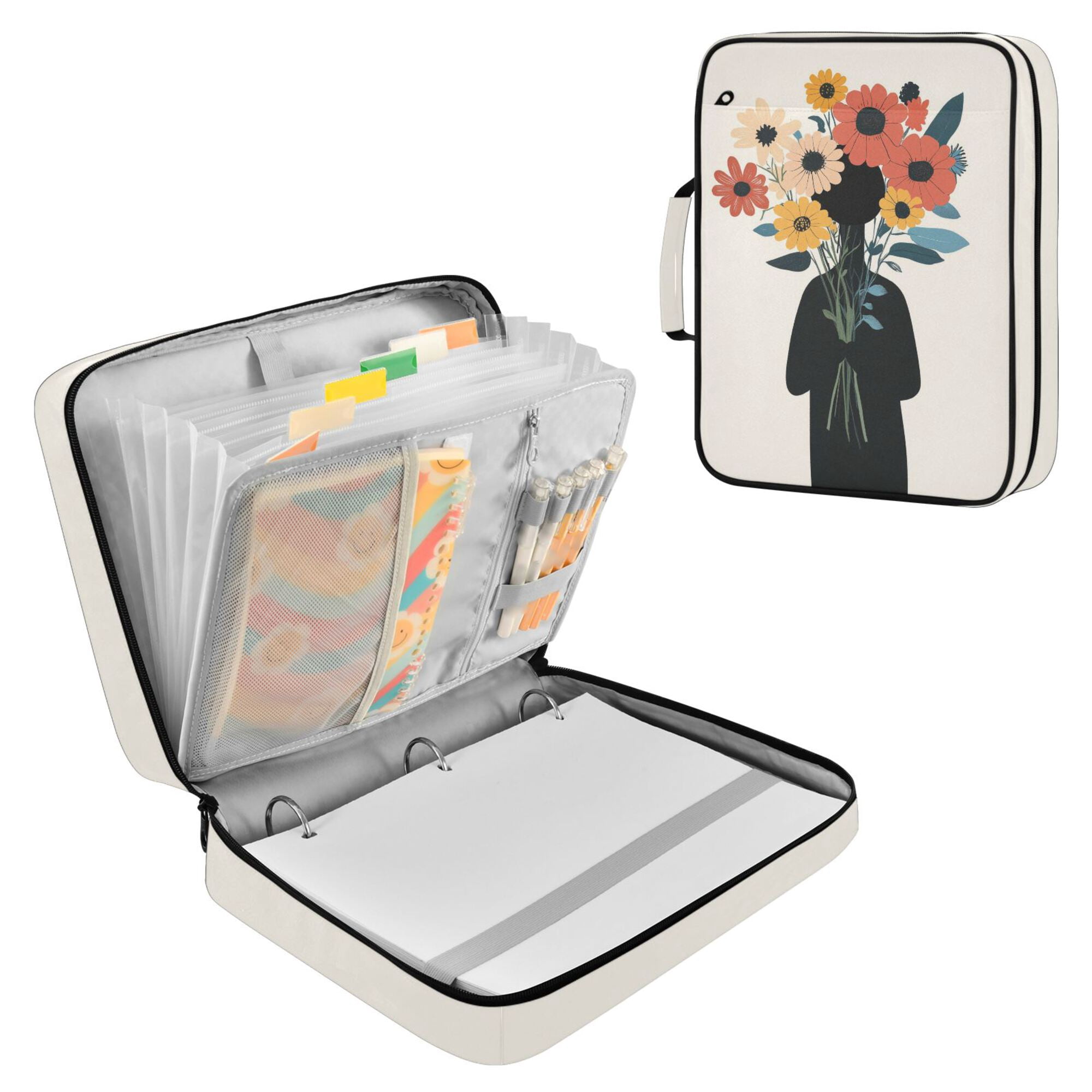 FORMRS Accordion File Folder A4 Size 7-Pocket Expanding Document Organizer Bag with 3 Ring Binder, Black Flowers
