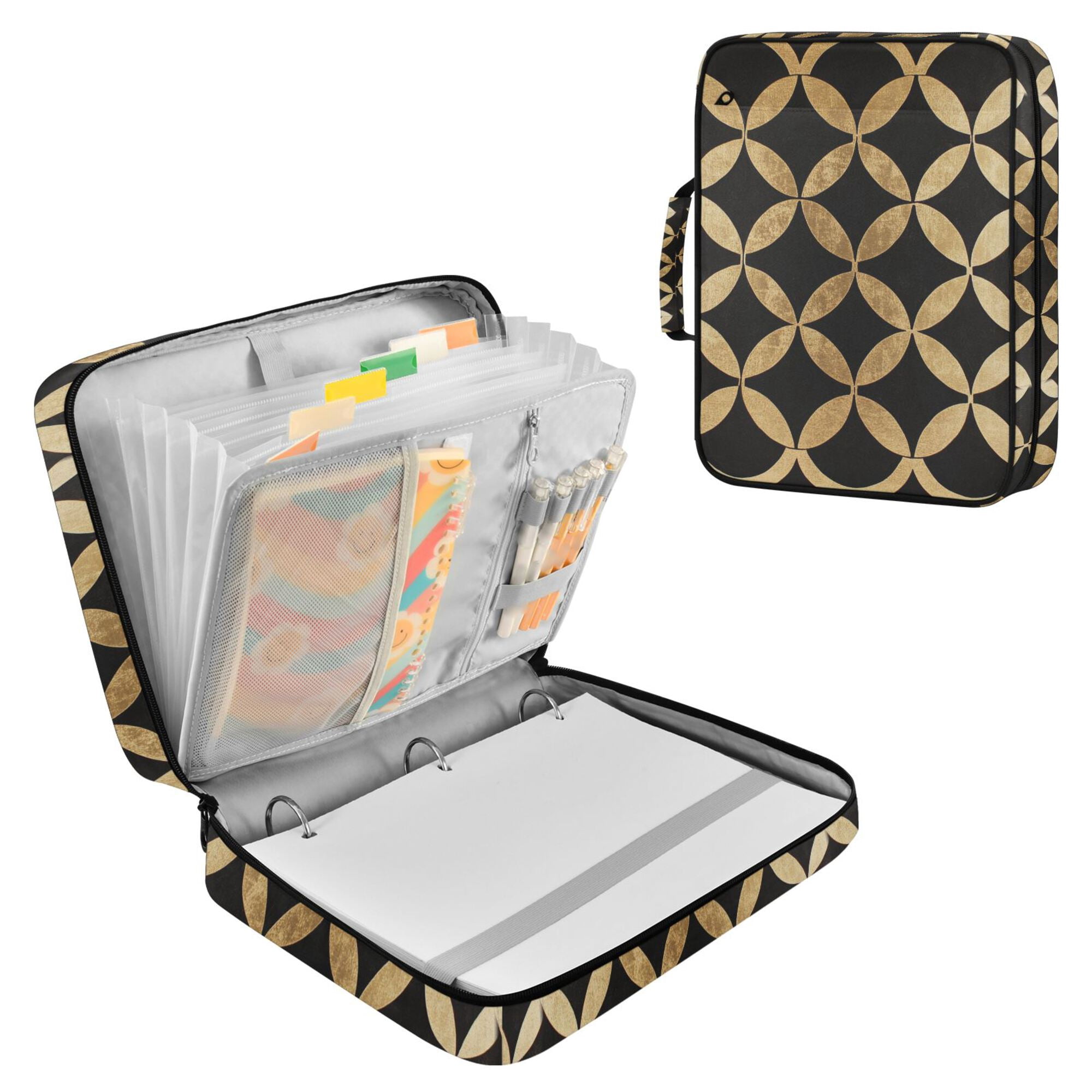 FORMRS Accordion File Folder A4 Size 7-Pocket Expanding Document Organizer Bag with 3 Ring Binder, Black Geometric