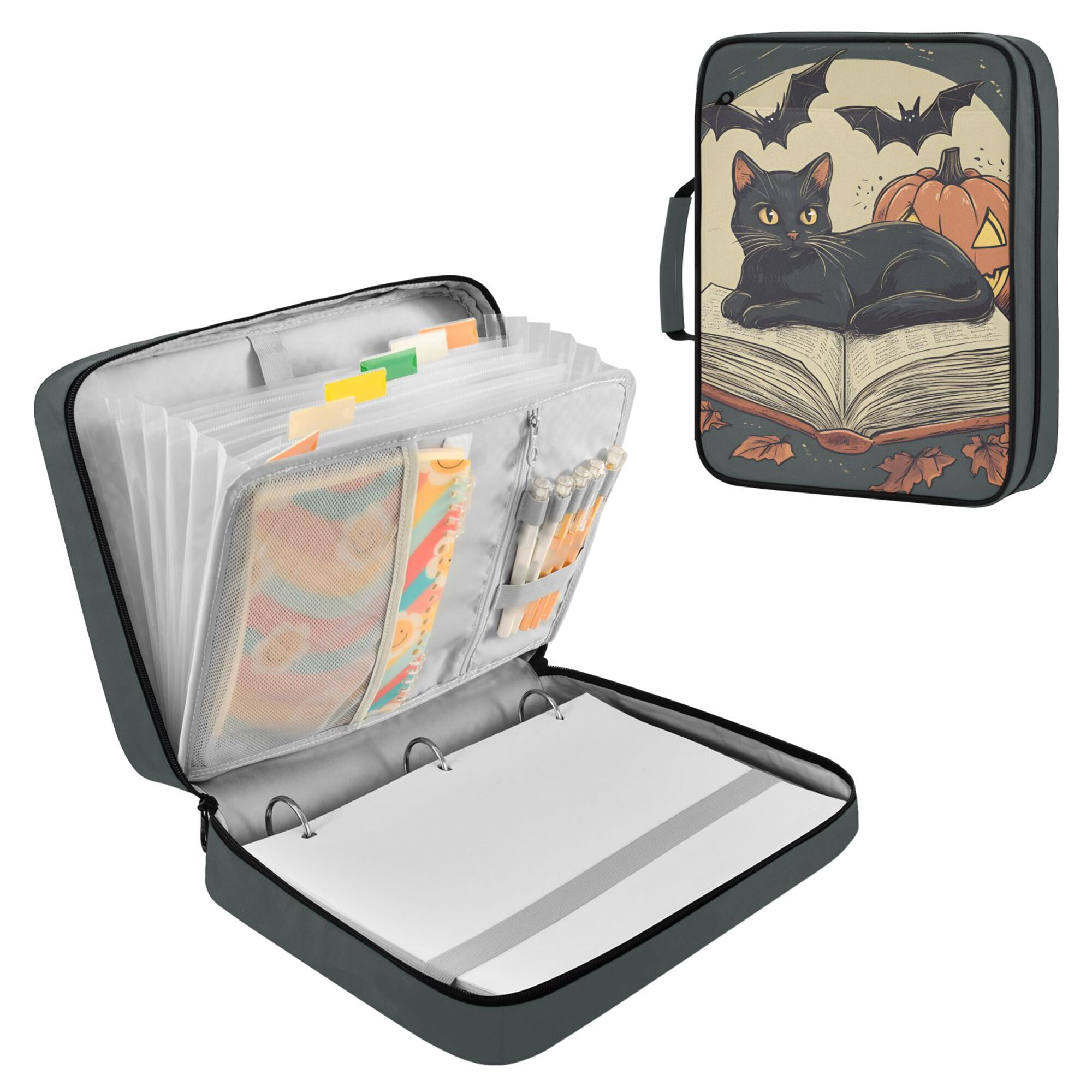 FORMRS Accordion File Folder A4 Size 7-Pocket Expanding Document Organizer Bag with 3 Ring Binder, Black Halloween Cat
