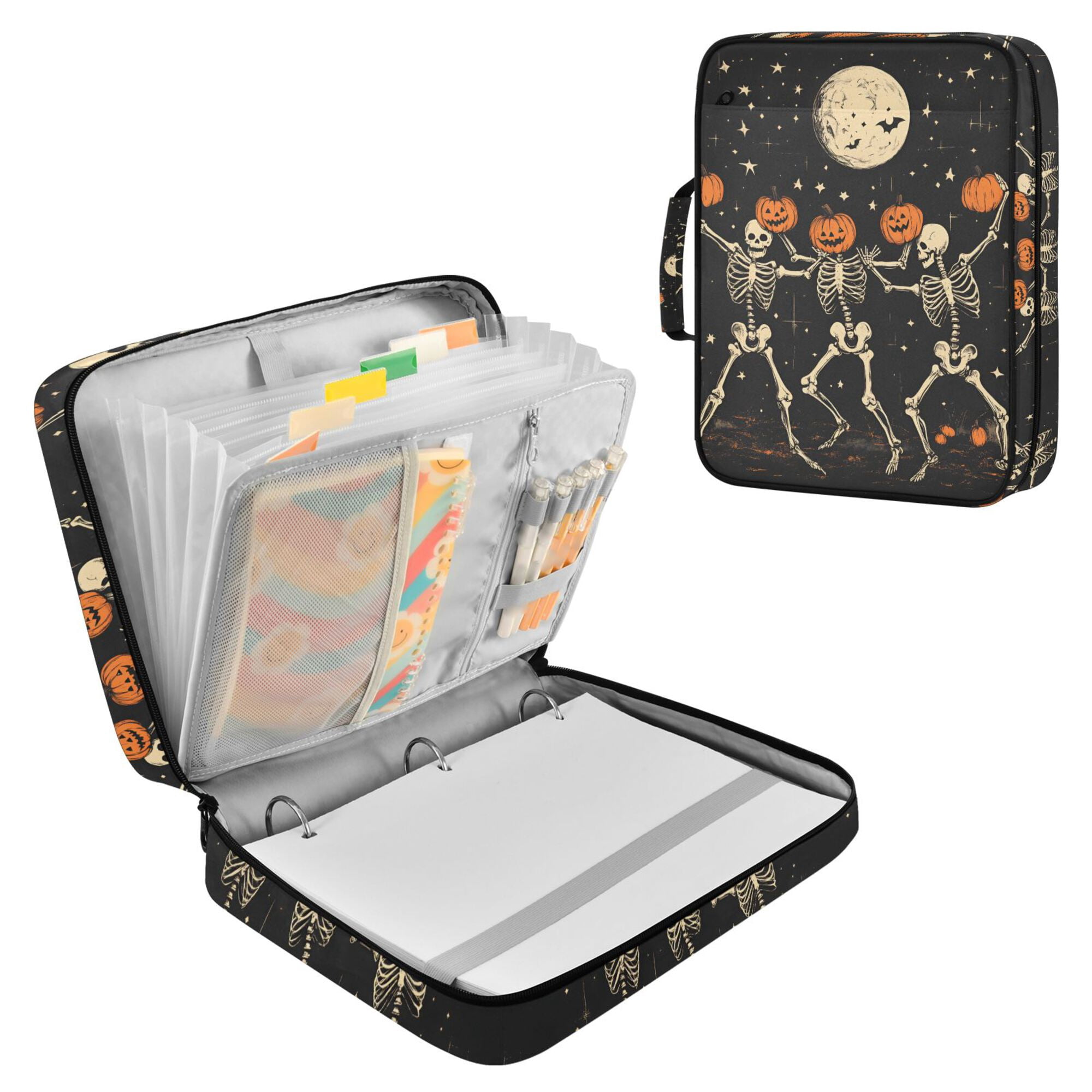 FORMRS Accordion File Folder A4 Size 7-Pocket Expanding Document Organizer Bag with 3 Ring Binder, Black Halloween Dancing Skeleton